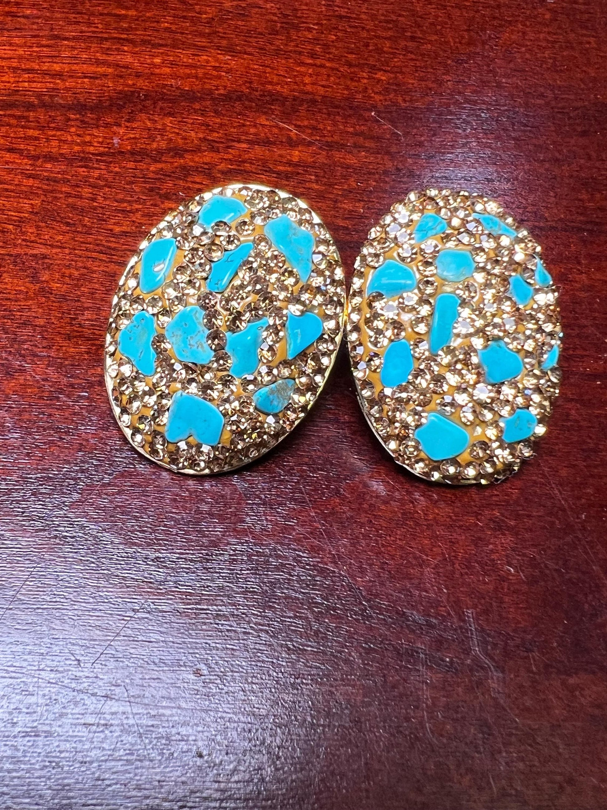 Genuine Blue Arizona Turquoise Sleeping chips gold rhinestones setting Silver post Earrings, big and lightweight 21x18mm earrings