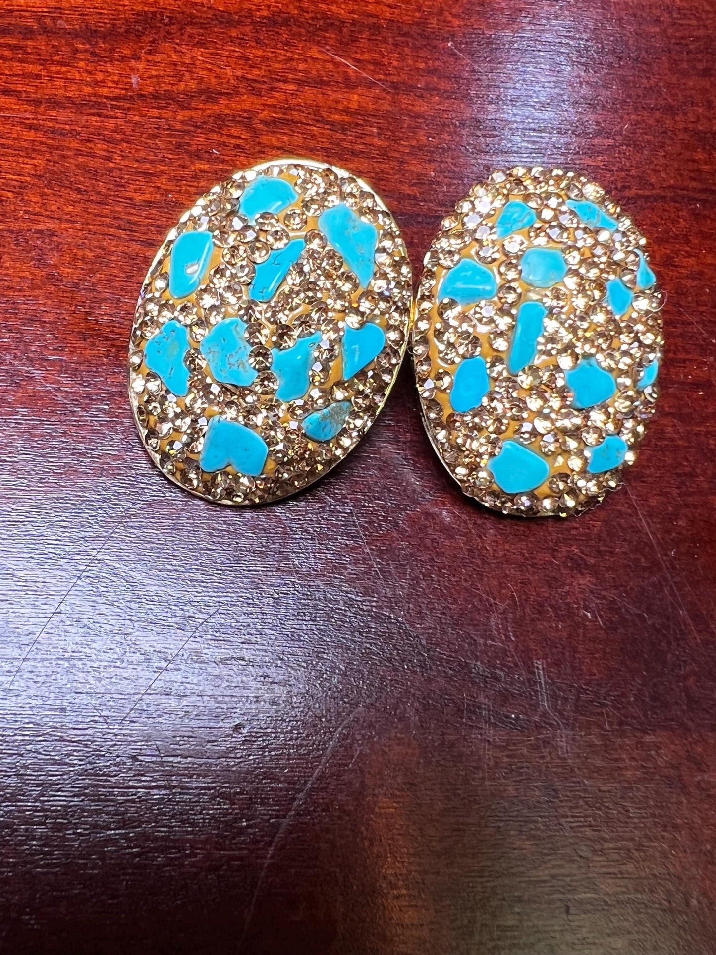 Genuine Blue Arizona Turquoise Sleeping chips gold rhinestones setting Silver post Earrings, big and lightweight 21x18mm earrings