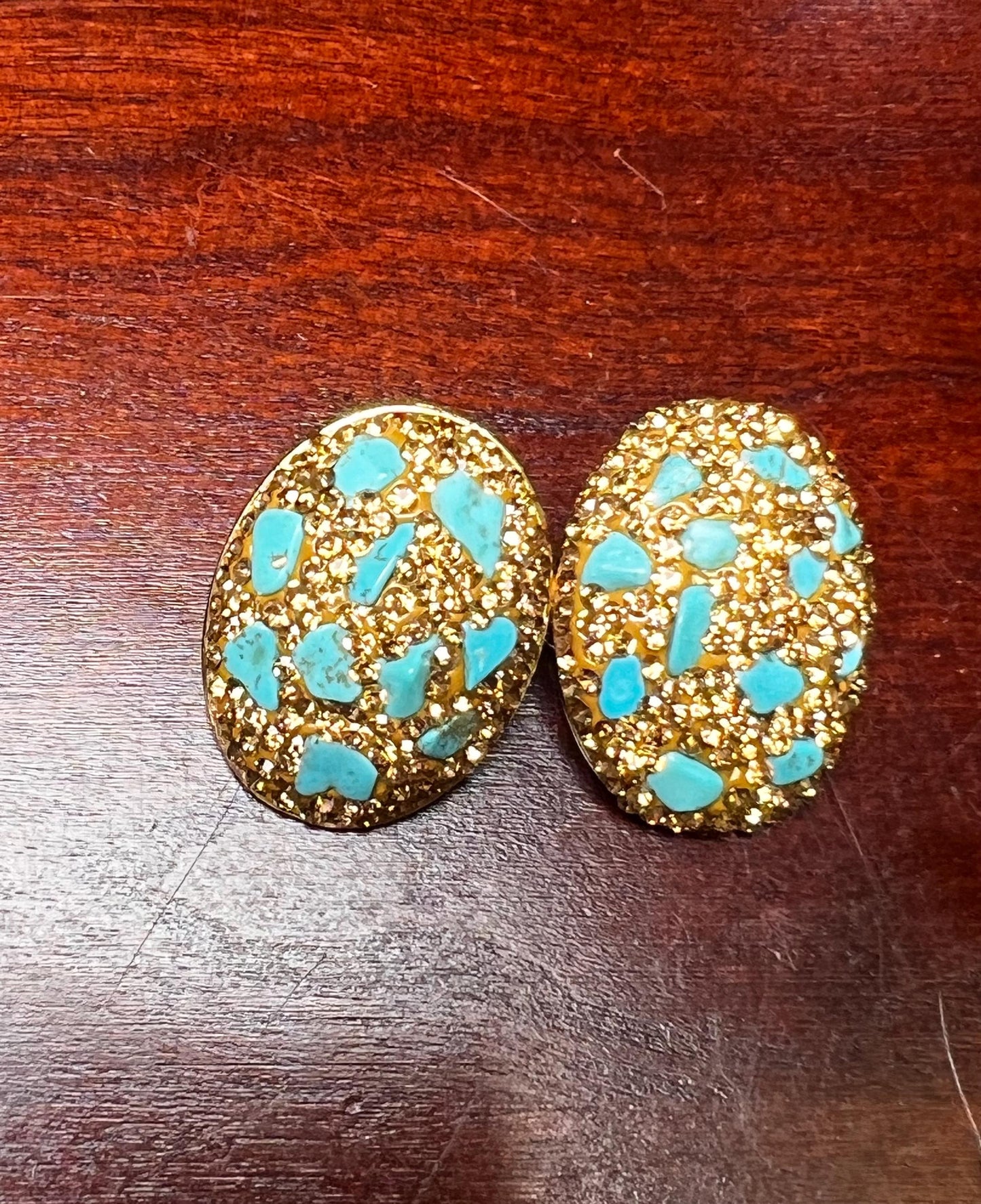 Genuine Blue Arizona Turquoise Sleeping chips gold rhinestones setting Silver post Earrings, big and lightweight 21x18mm earrings