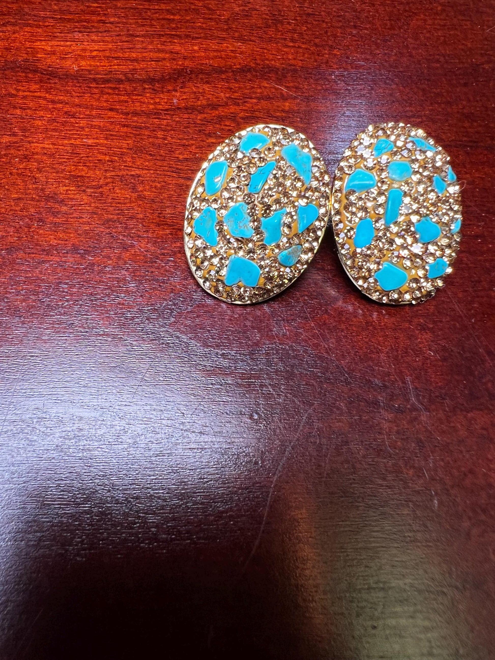 Genuine Blue Arizona Turquoise Sleeping chips gold rhinestones setting Silver post Earrings, big and lightweight 21x18mm earrings