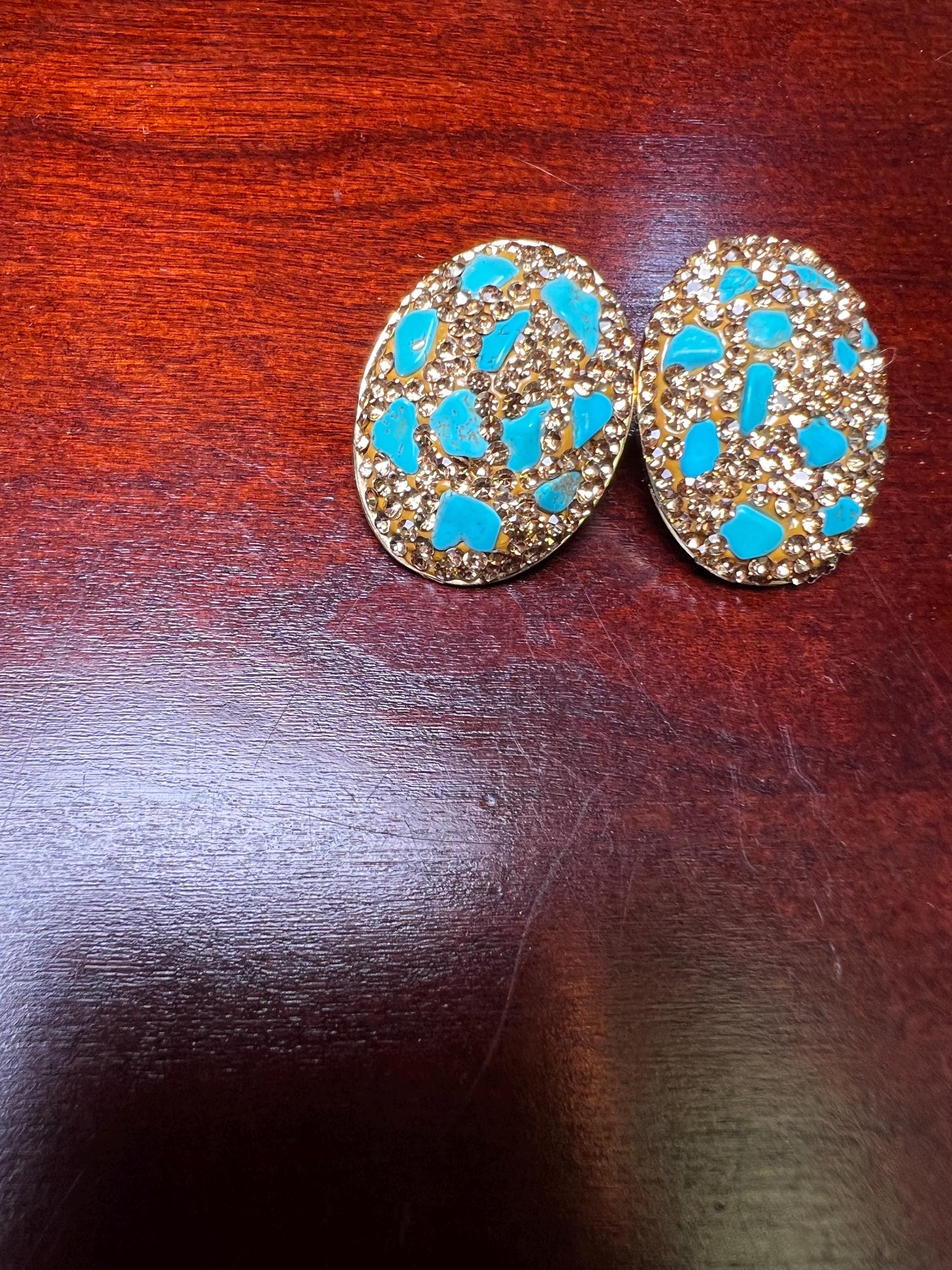 Genuine Blue Arizona Turquoise Sleeping beauty chips gold rhinestones setting Silver post Earrings, big and lightweight 21x18mm earrings