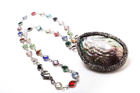 Abalone CZ Pave Marcasite Style 36x53mm Pendant Multi Crystal Quartz Beaded Bezel Chain in Oxidized Silver Chain 21&quot; Necklace