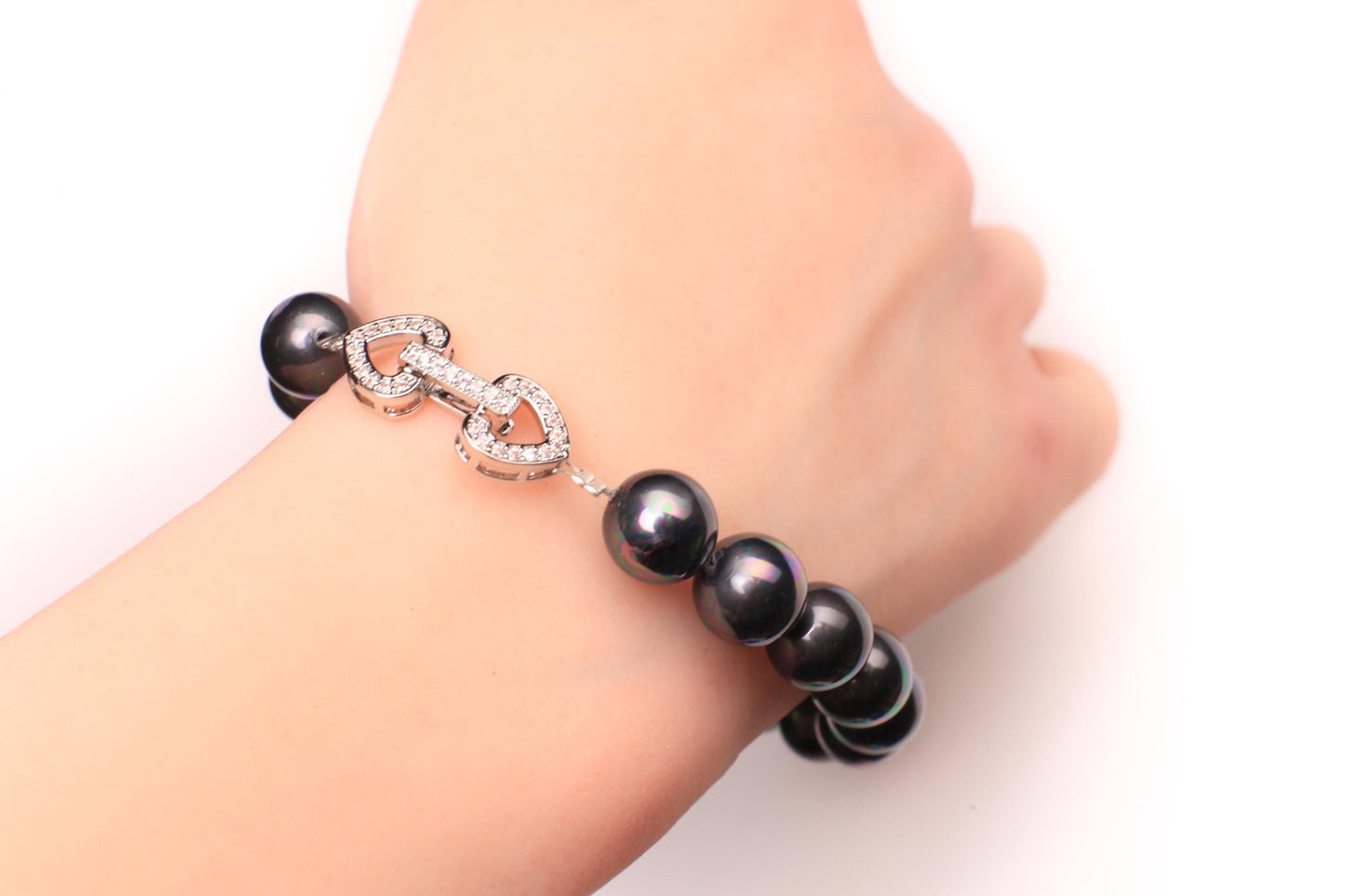 Black Peacock AB Sea Shell Mother of Pearl 10mm Bracelet Fancy Heart CZ Diamond Silver Foldable Clasp, Bridal, for Her