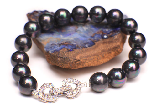 Black pearl Bracelet. South seashell 10mm black peacock pearl Fancy Heart CZ Diamond Foldable Clasp bracelet Bridal, gift for Her