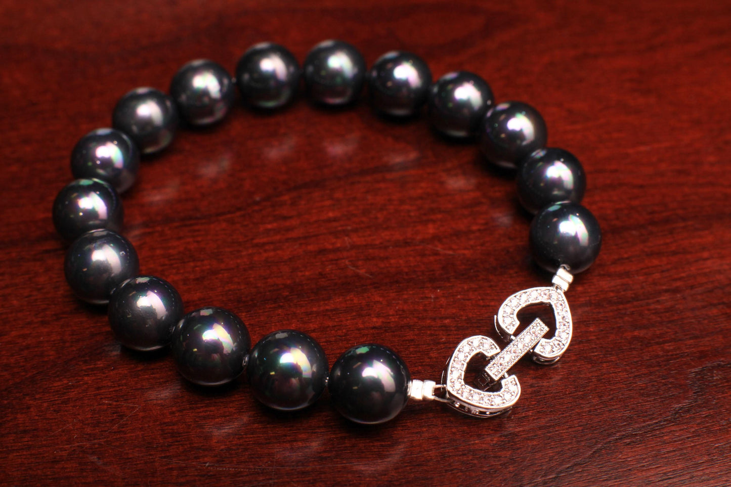 Black pearl Bracelet. South seashell 10mm black peacock pearl Fancy Heart CZ Diamond Foldable Clasp bracelet Bridal, gift for Her