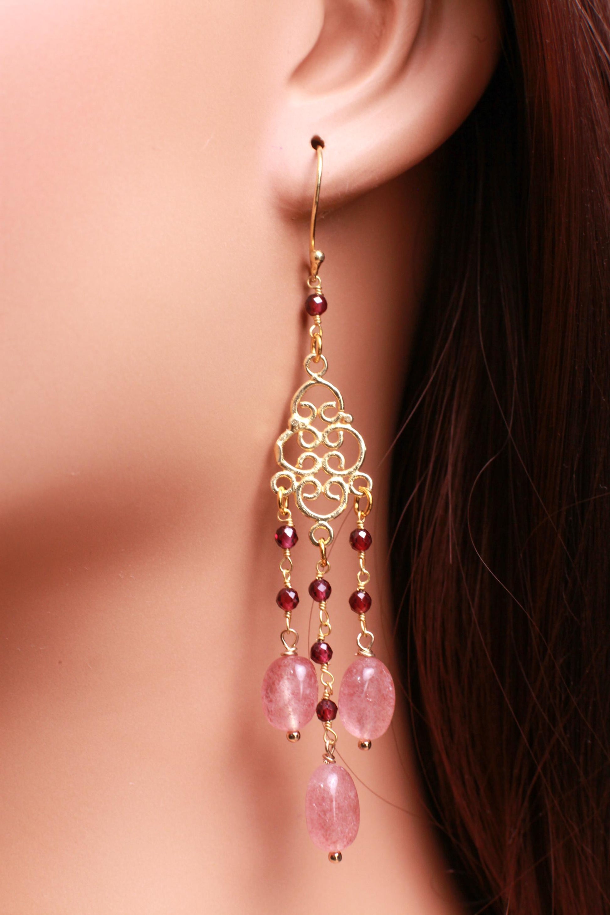 Natural Strawberry Quartz Chandelier Earrings,Faceted Garnet Wire wrapped Gold Vermeil earwire, Gold Over Sterling Silver Earrings