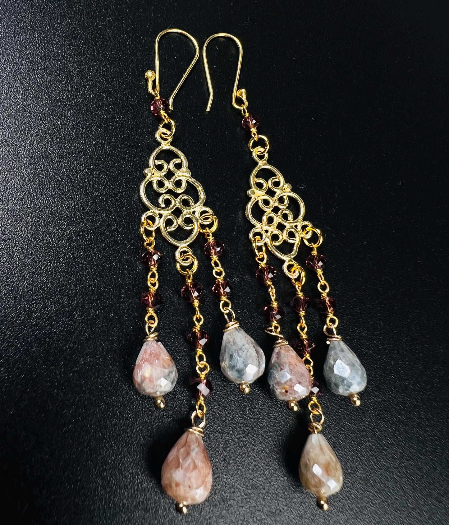 Natural Garnet Multi Peach Moonstone Briolette Drop Chandelier Earrings, Faceted Garnet Wire wrapped 22K Gold Vermeil Earring