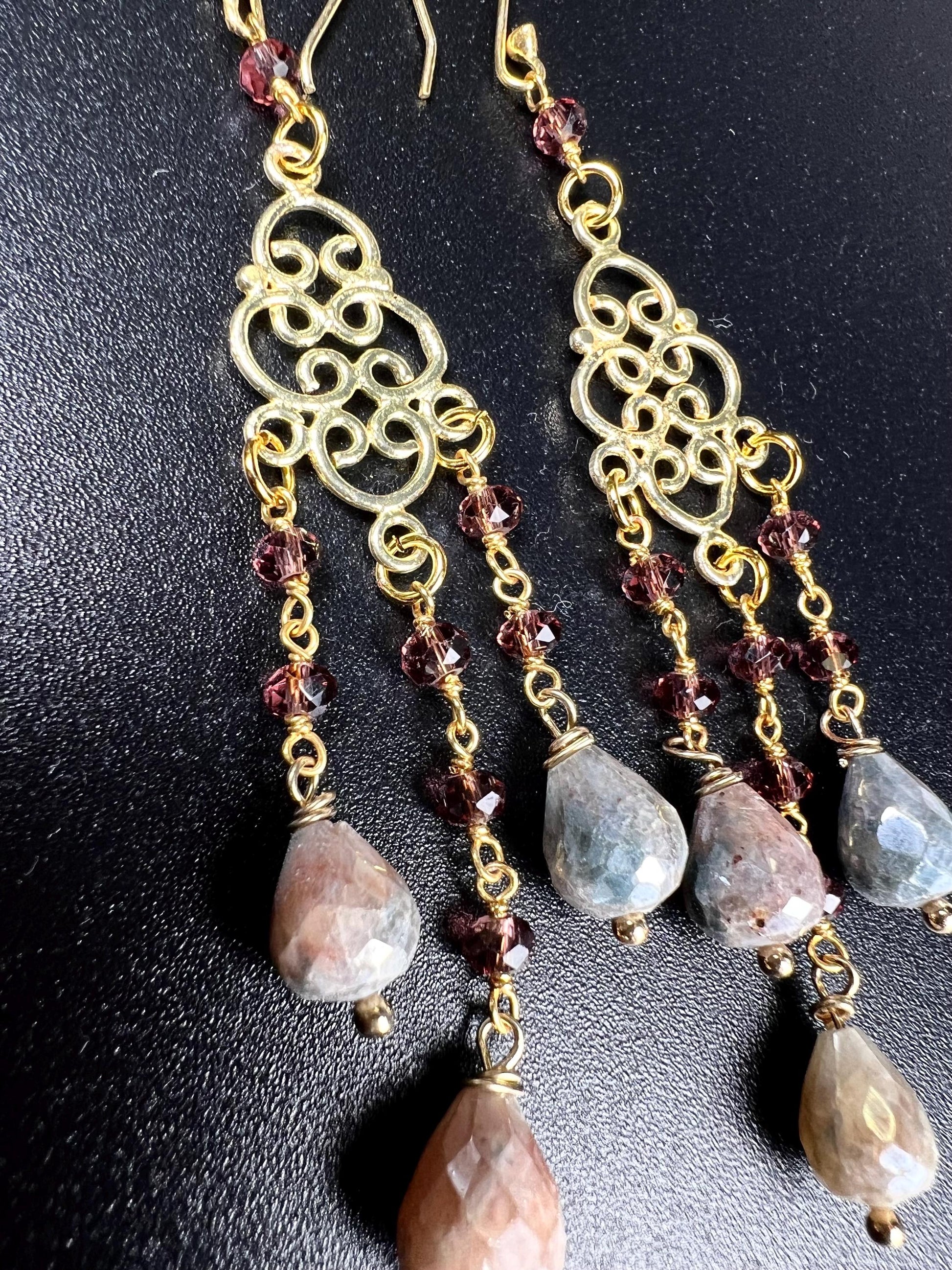 Natural Garnet Multi Peach Moonstone Briolette Drop Chandelier Earrings, Faceted Garnet Wire wrapped 22K Gold Vermeil Earring