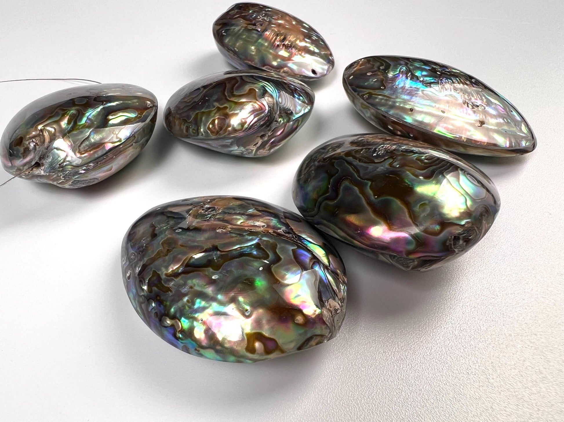 Natural Abalone Paua Shell puff oval 42x52mm double sided huge Vintage piece pocket stone jewelry center piece. Healing ocean energy