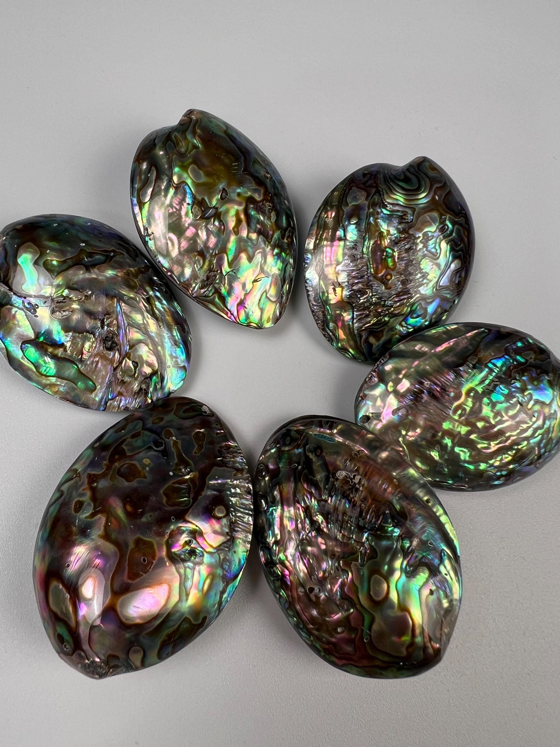 Natural Abalone Paua Shell puff oval 42x52mm double sided huge Vintage piece pocket stone jewelry center piece. Healing ocean energy