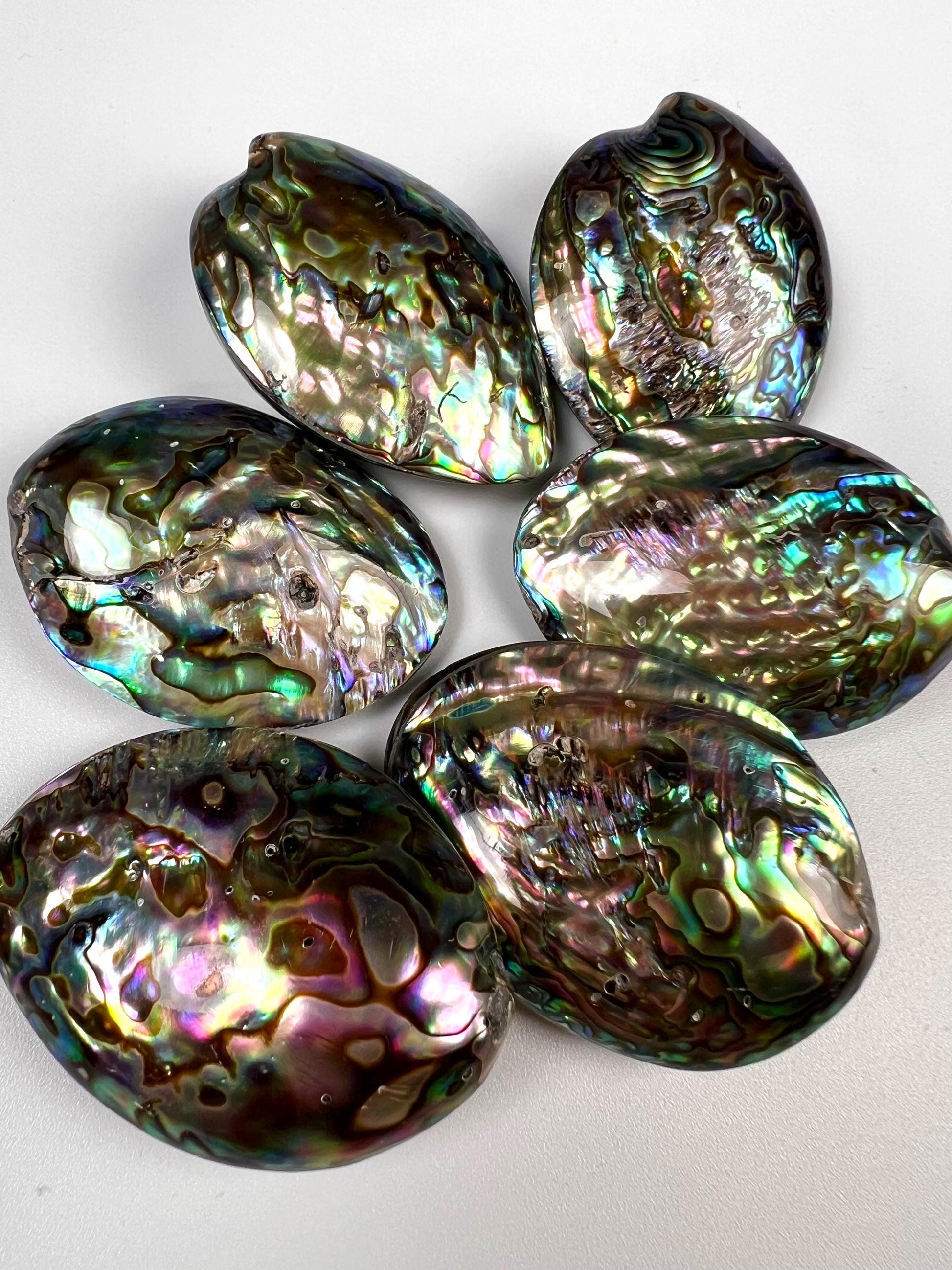 Natural Abalone Paua Shell puff oval 42x52mm double sided huge Vintage piece pocket stone jewelry center piece. Healing ocean energy