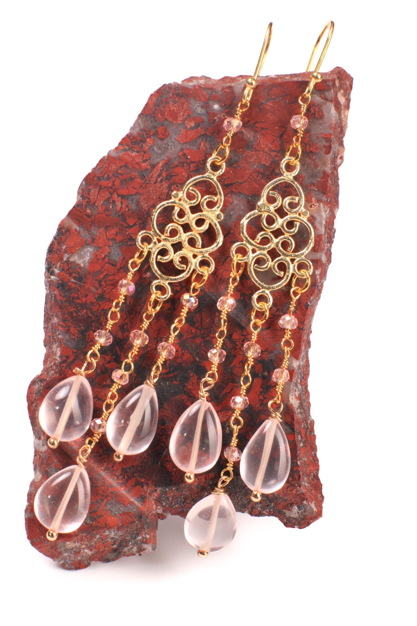 Natural Morganite Chandelier Earrings, Faceted Pink Topaz Wire wrapped Gold Vermeil earwire, Gold Over Sterling Silver Earrings