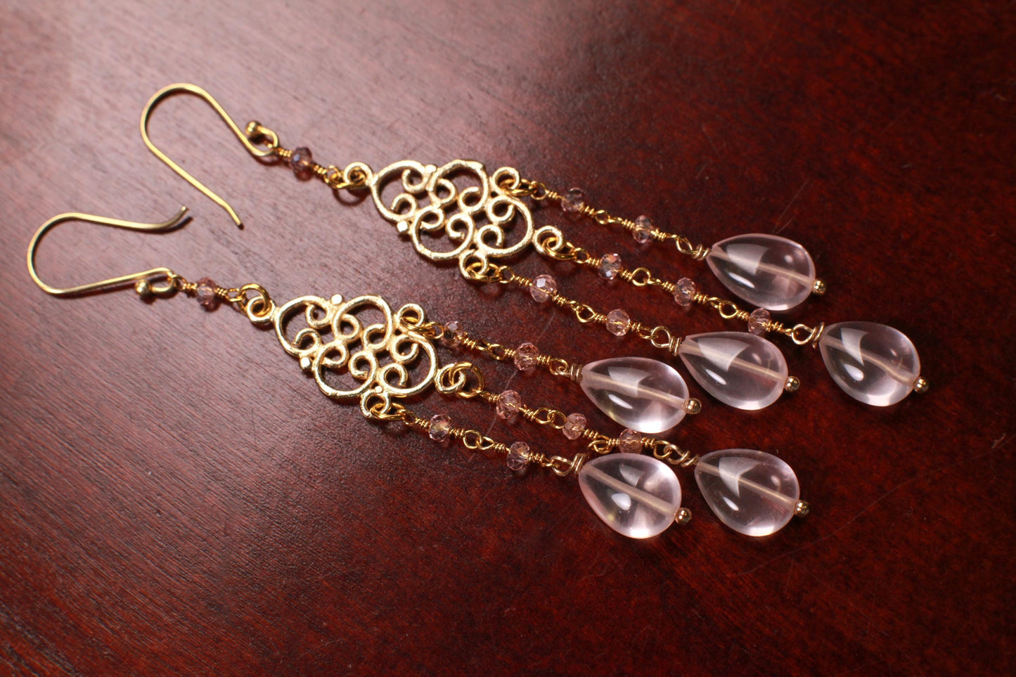 Natural Morganite Chandelier Earrings, Faceted Pink Topaz Wire wrapped Gold Vermeil earwire, Gold Over Sterling Silver Earrings