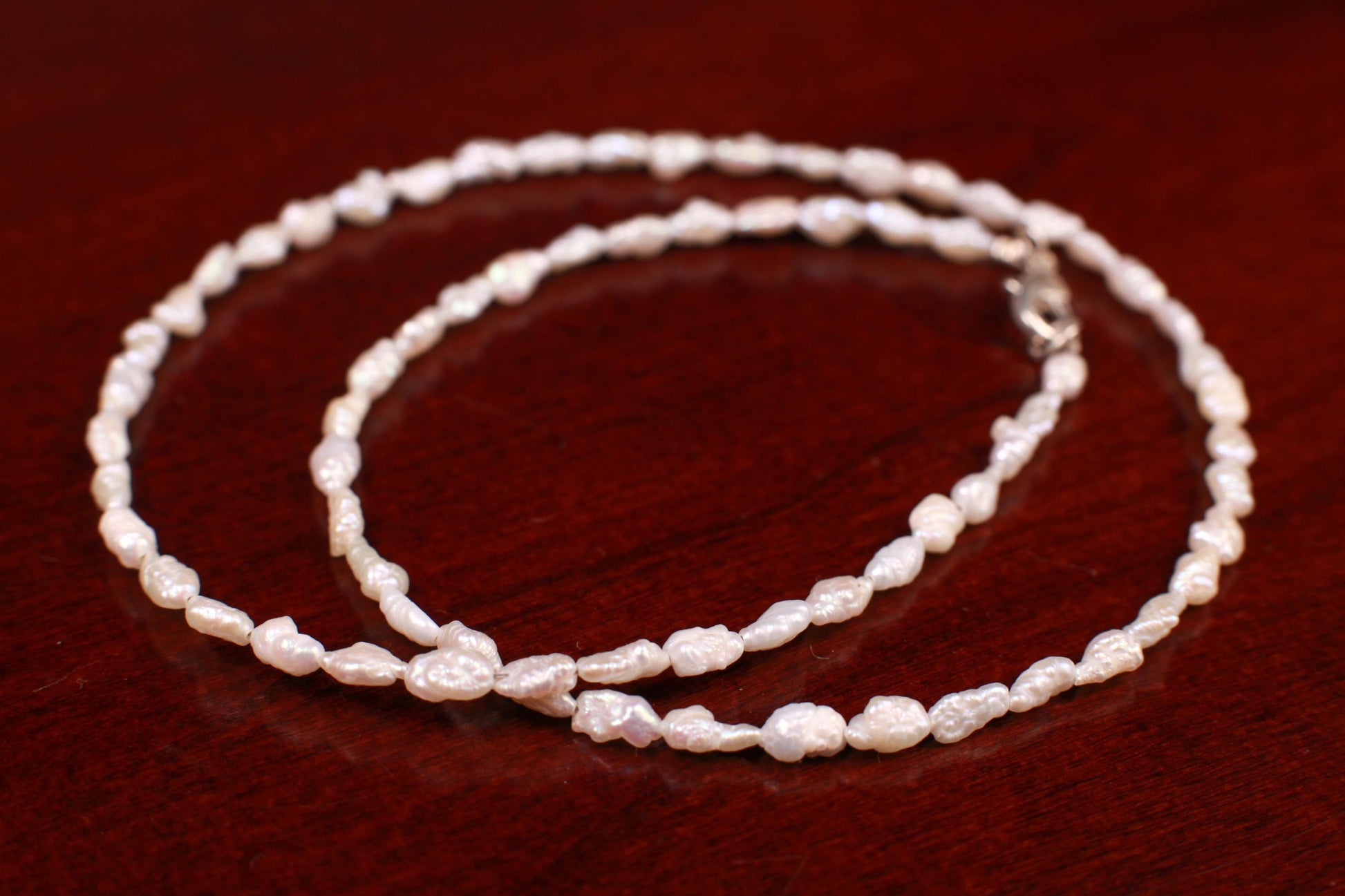 Japanese Vintage 6-7mm Freshwater Biwa Rice Pearl Handmade Necklace Rhodium Sterling Silver Clasp, Elegant Gift