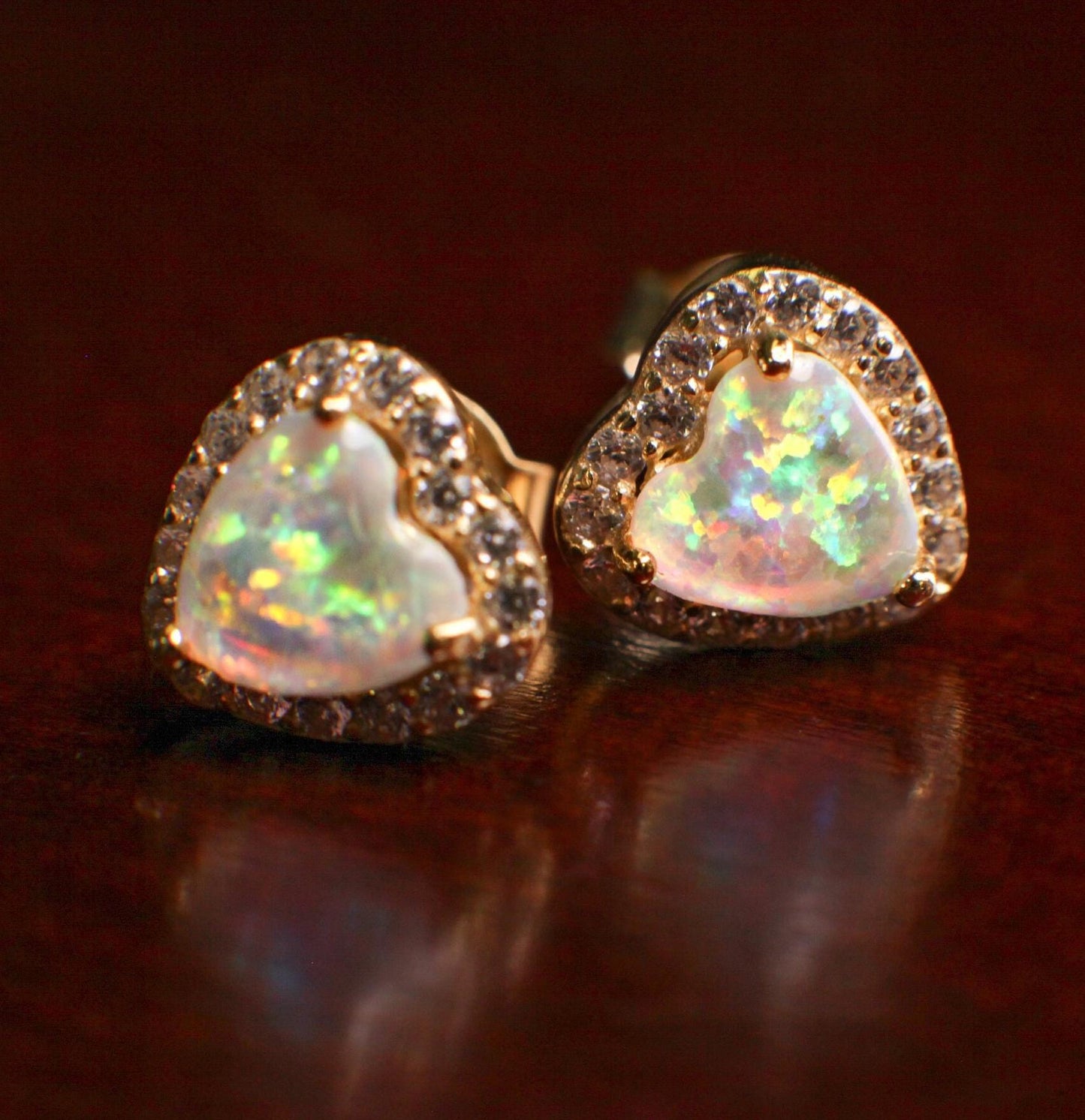 Ethiopian Fire Opal, Welo Opal, 8.5mm Heart Shape Stud Earrings in Gold Vermeil, 925 Sterling Silver AAA Fiery Opal Elegant Dainty Earring