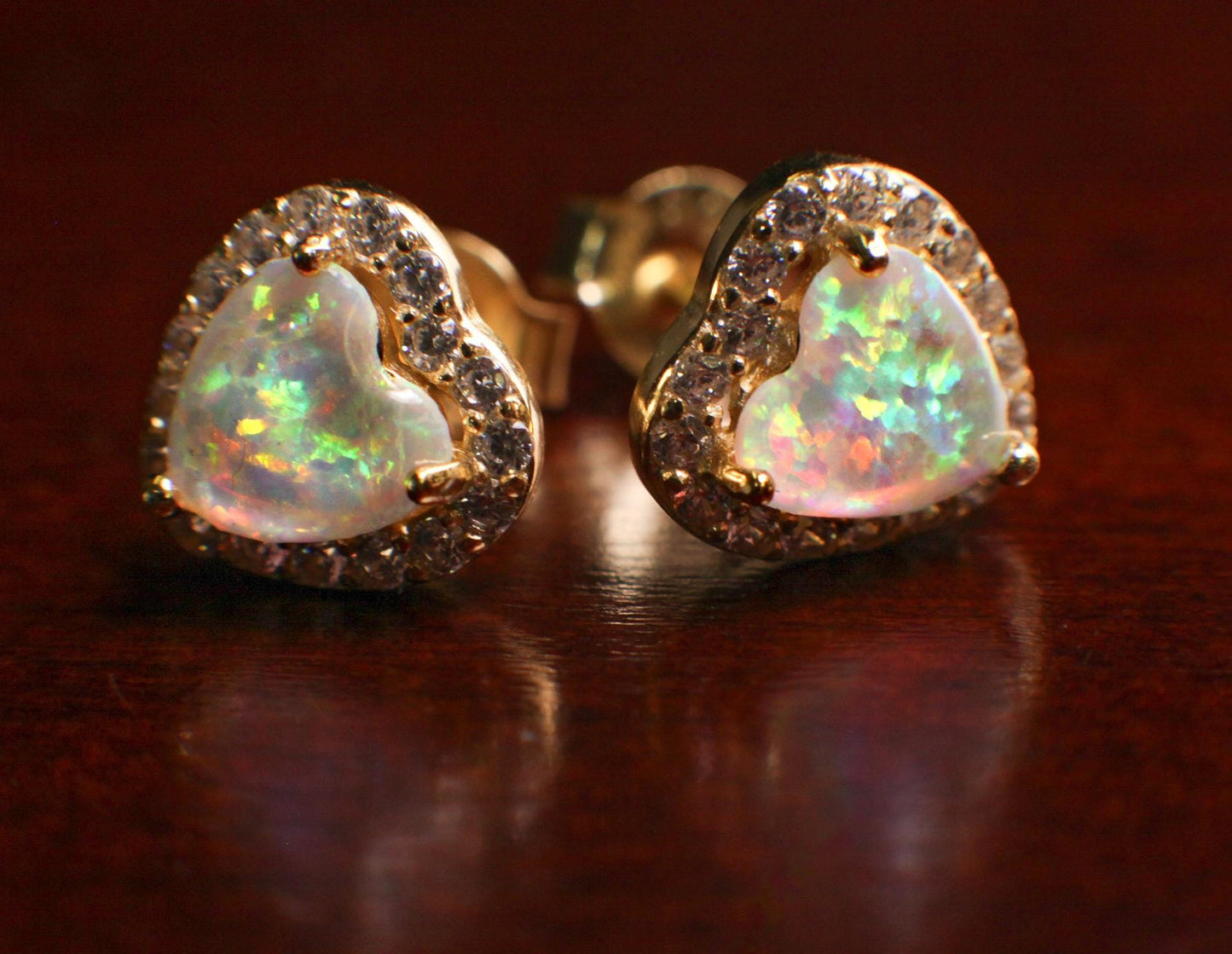 Ethiopian Fire Opal, Welo Opal, 8.5mm Heart Shape Stud Earrings in Gold Vermeil, 925 Sterling Silver AAA Fiery Opal Elegant Dainty Earring