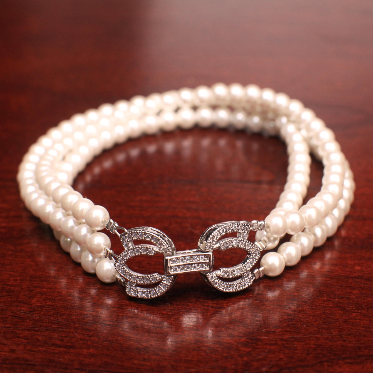 White South Seashell Pearl 4mm 3 Line Bracelet in Fancy CZ Diamond Rhodium Silver Foldable Clasp, Bridal, Gift for Her