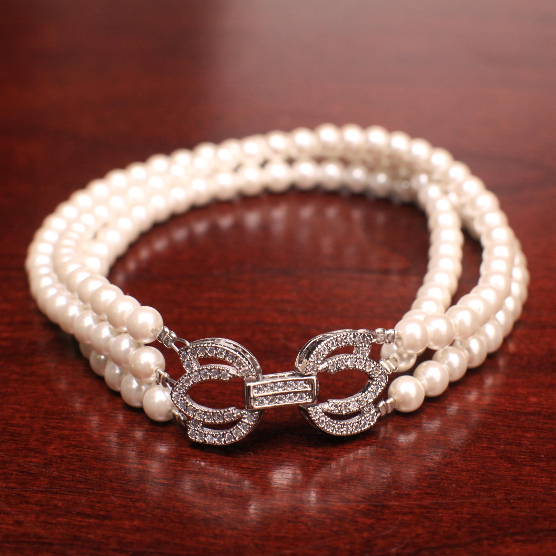 White South Seashell Pearl 4mm 3 Line Bracelet in Fancy CZ Diamond Rhodium Silver Foldable Clasp, Bridal, Gift for Her