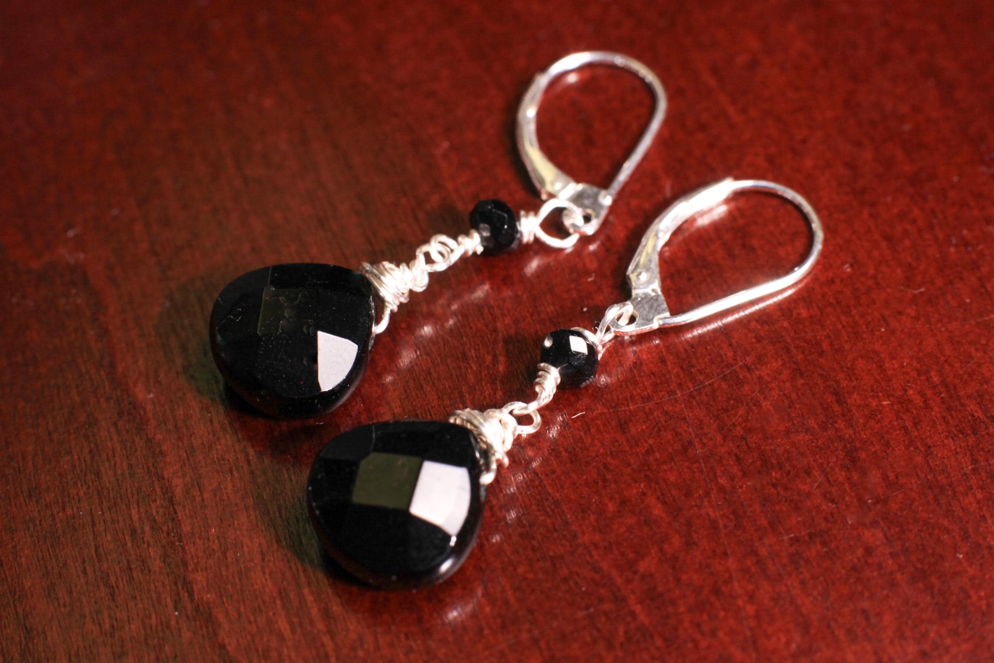 Black Onyx Faceted Teardrop Wire Wrapped 12mm Heart Shape Drop in Sterling Silver Leverback or Earwire