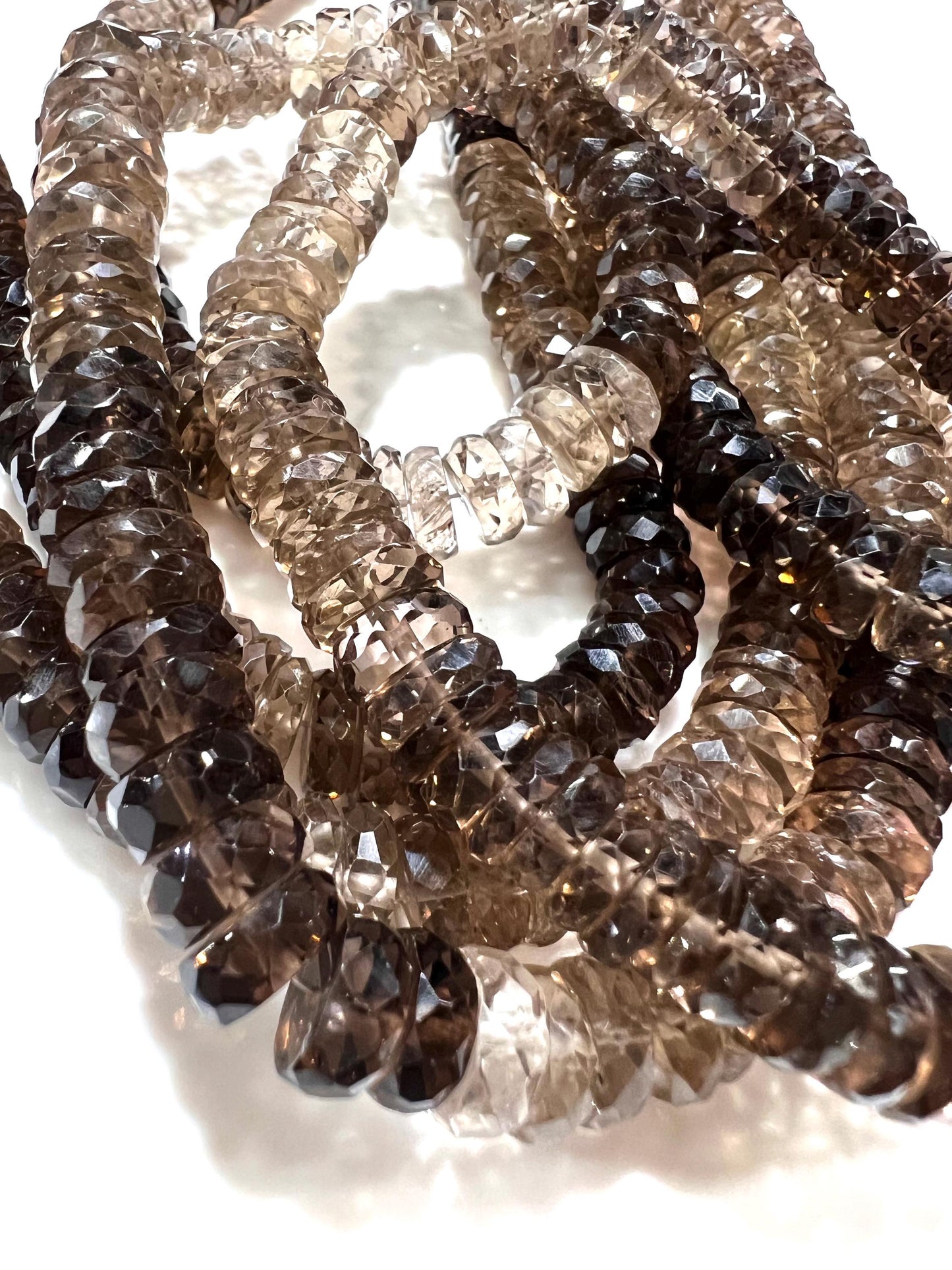 Natural Smokey Quartz Faceted heishi wheel tyre roundel shaded micro cut AAA quality jewelry making bead 6.5-7.5mm size 8” ,16” Strand