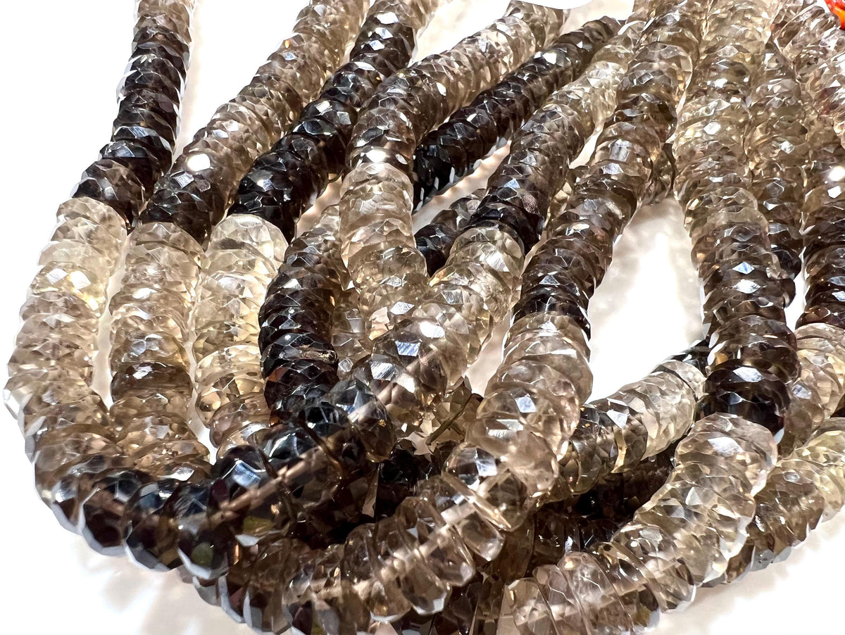 Natural Smokey Quartz Faceted Heshi wheel Tyre Roundel shaded micro cut. AAA quality jewelry making bead 6.5-7.5mm