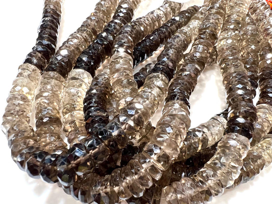 Natural Smokey Quartz Faceted heishi wheel tyre roundel shaded micro cut AAA quality jewelry making bead 6.5-7.5mm size 7.5” ,15” Strand