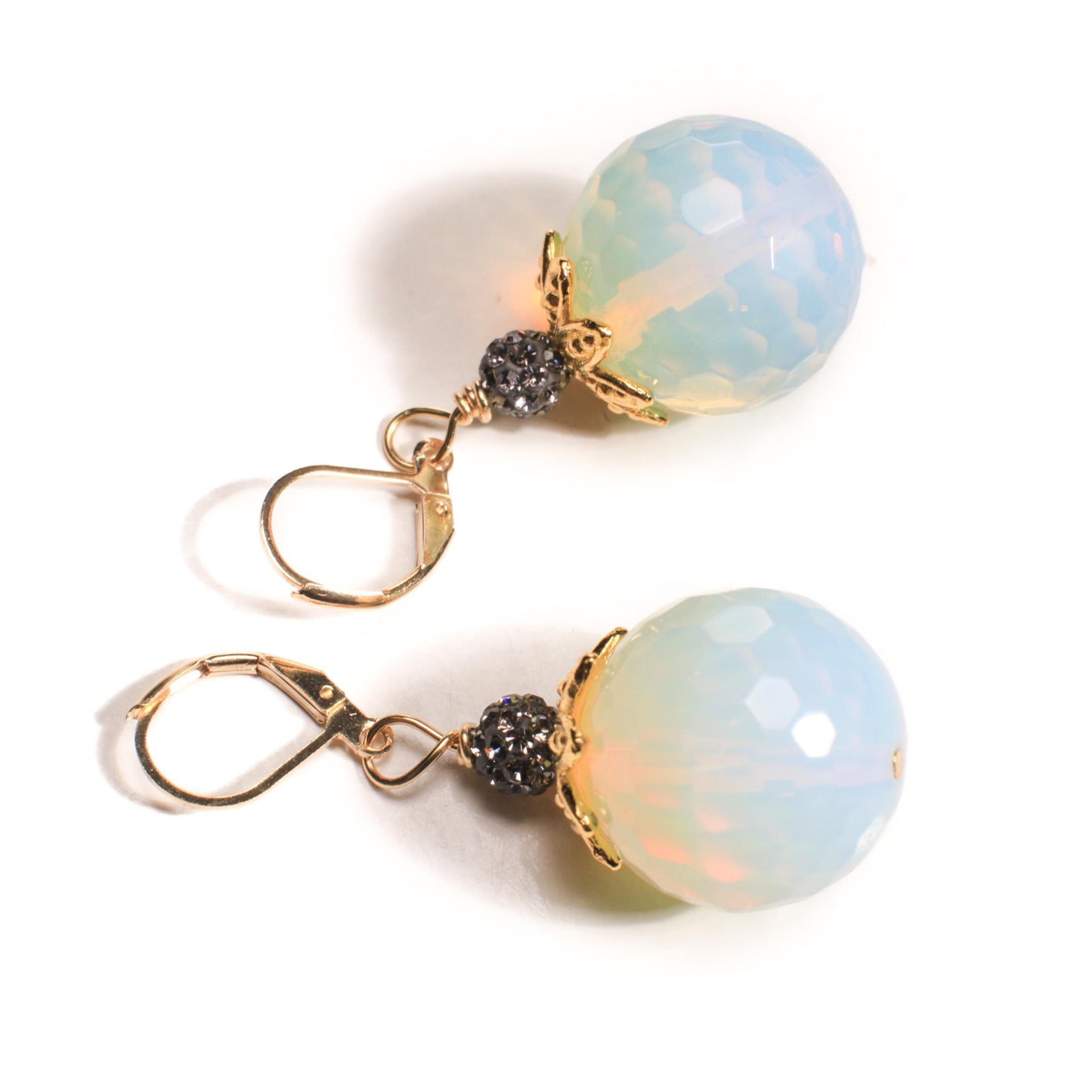 Huge Opalite Faceted Round 20mm large Bali Style Cap and Rhinestone Disco Ball glowing bead opalite Gold Leverback Earrings