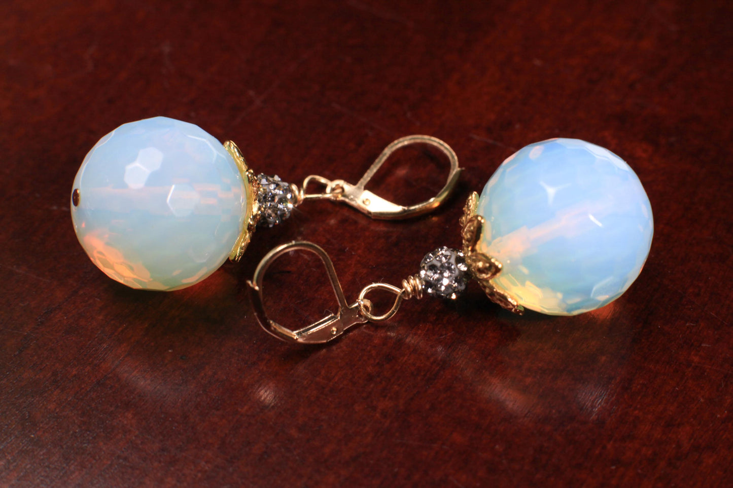 Huge Opalite Faceted Round 20mm large Bali Style Cap and Rhinestone Disco Ball glowing bead opalite Gold Leverback Earrings