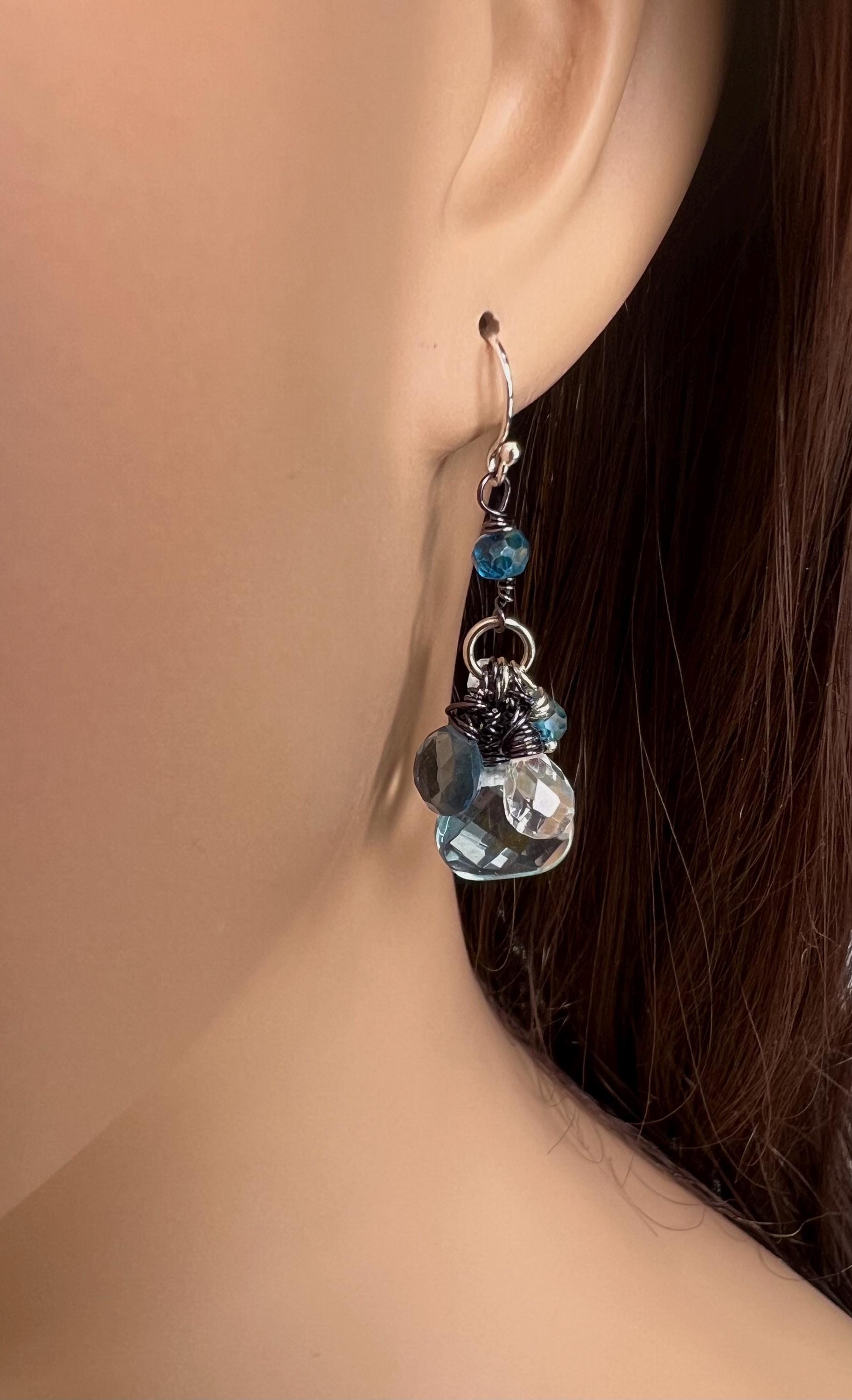 London Blue Topaz, Aquamarine Quartz and Rock Crystal Quartz and Aquamarine cluster earrings.