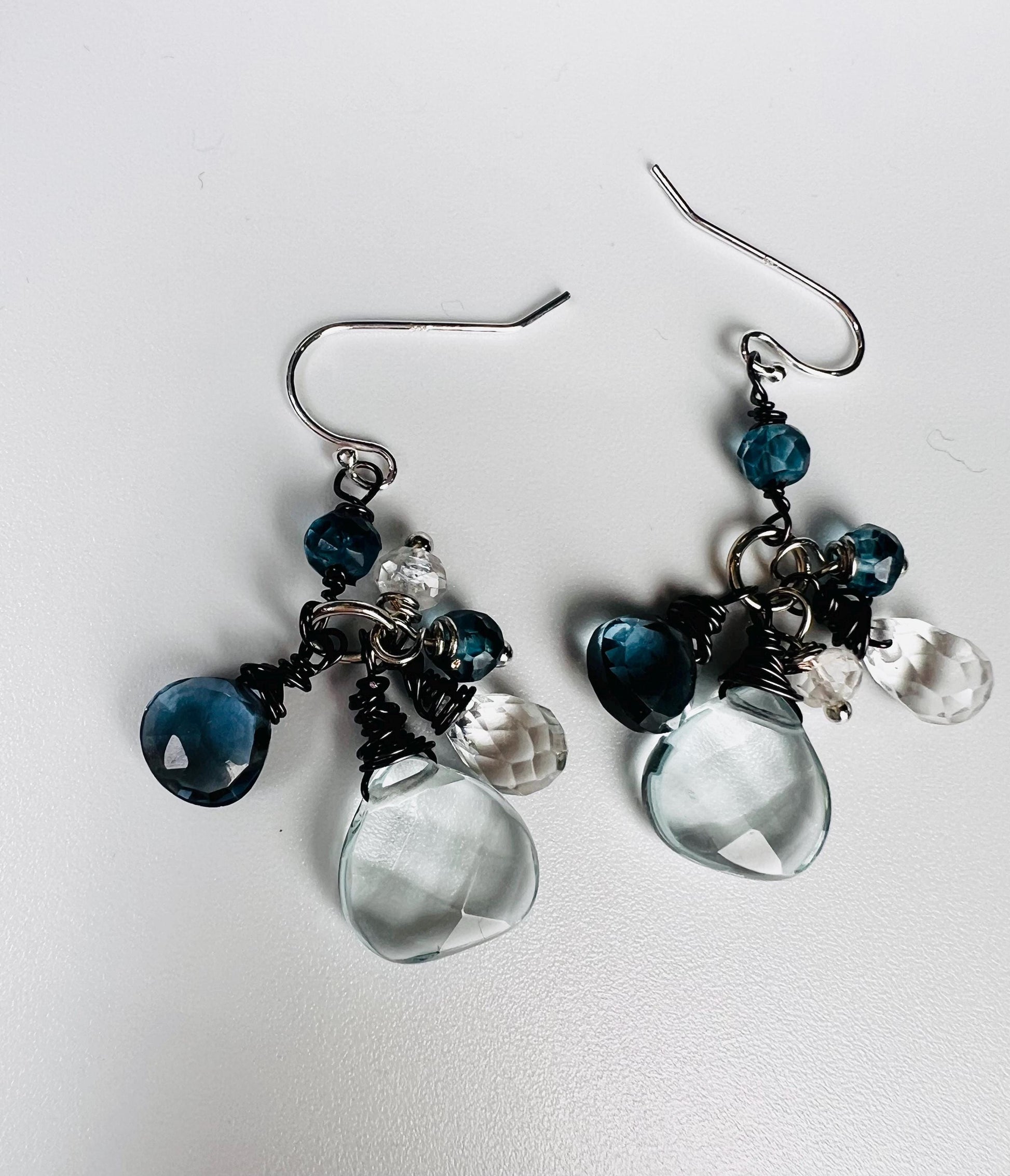 London Blue Topaz, Aquamarine Quartz and Rock Crystal Quartz and Aquamarine cluster earrings.