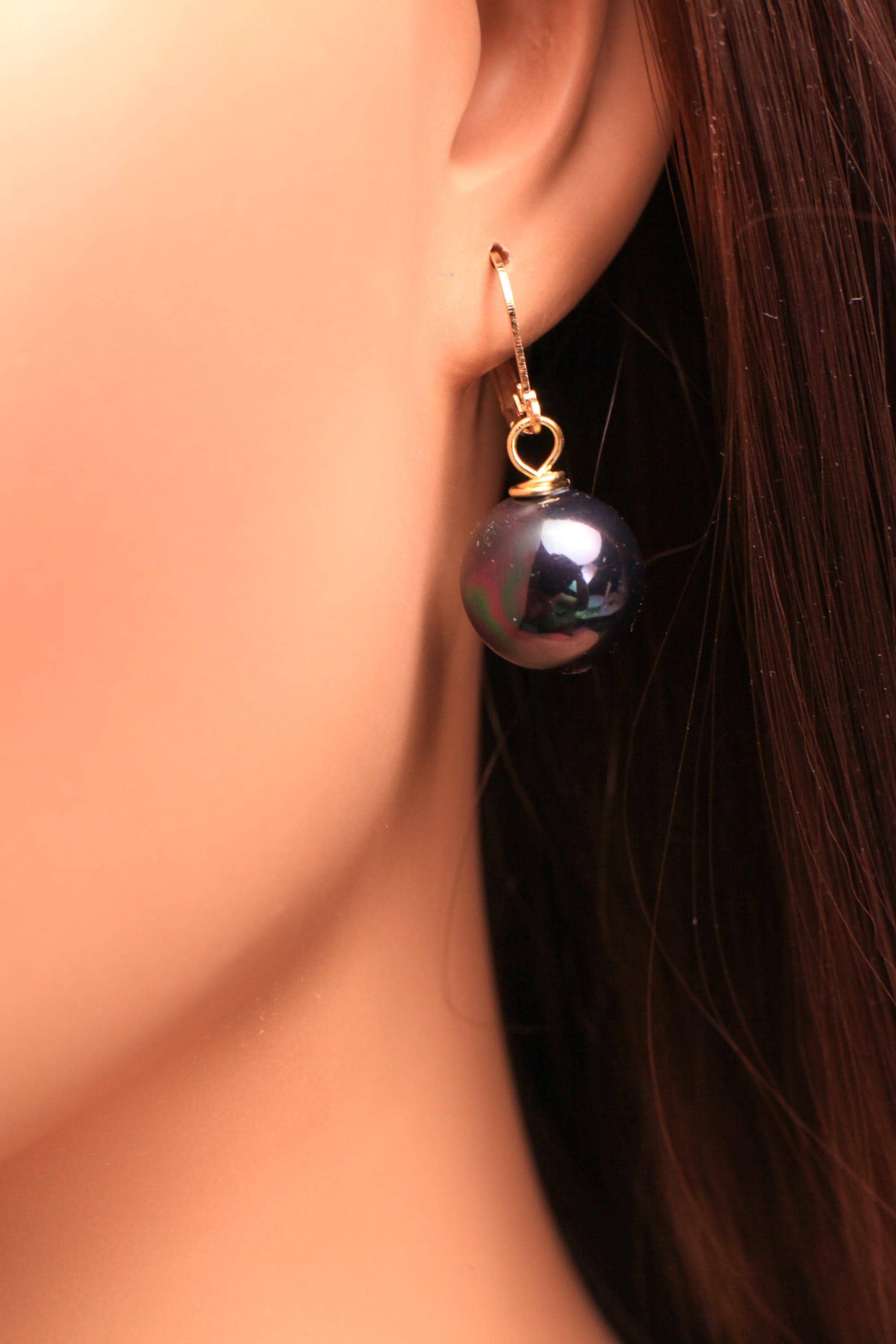 14mm South Sea Shell Pearl Large High Luster Rainbow Peacock Black AB 14mm in 18K Gold Vermeil Sterling silver Earrings