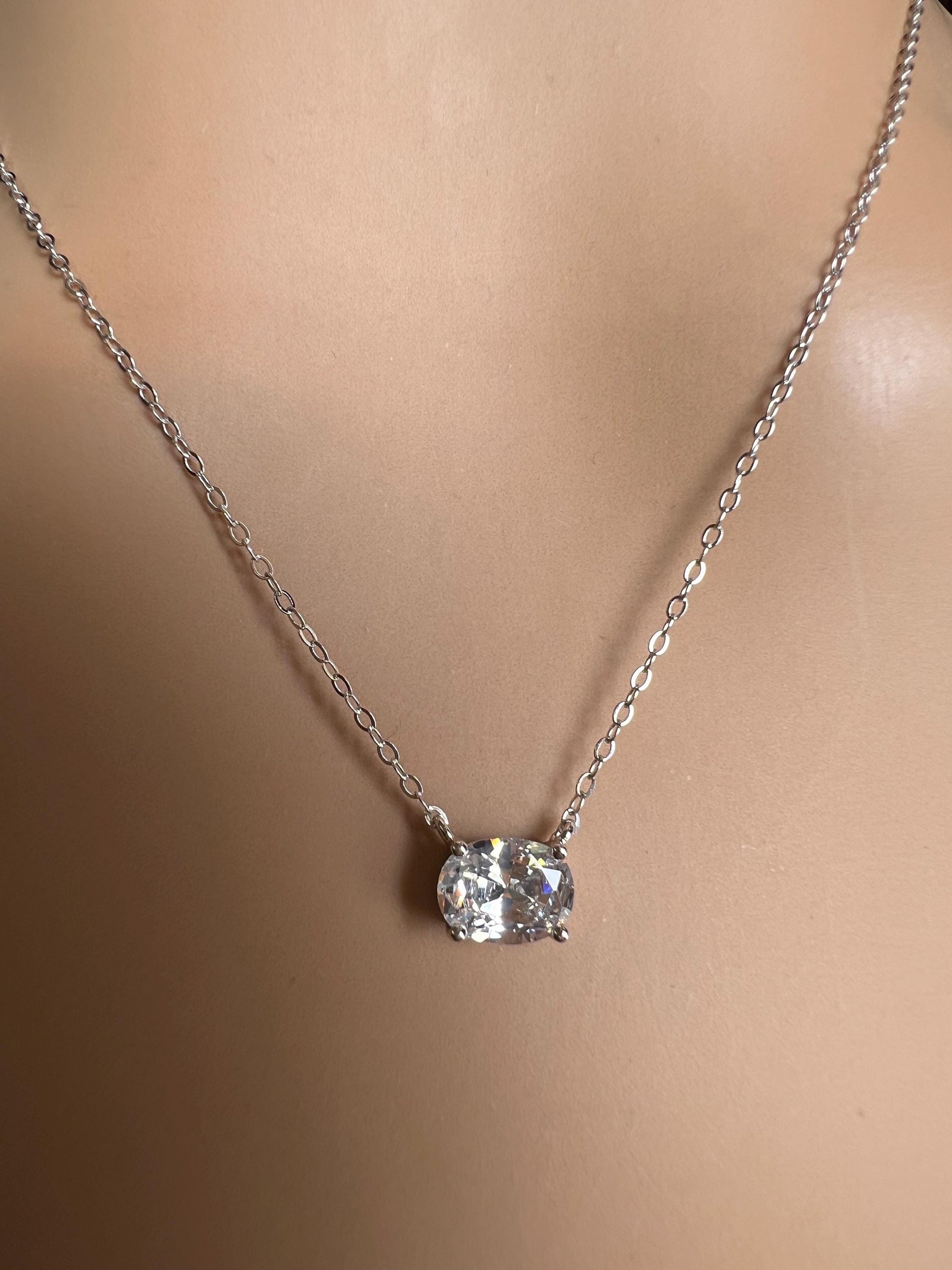 Cubic zirconia CZ Diamond 925 Sterling silver oval Solitaire minimalist necklace. 3 in 1 size 16” , 17”,18” simple elegant gift 925 stamped