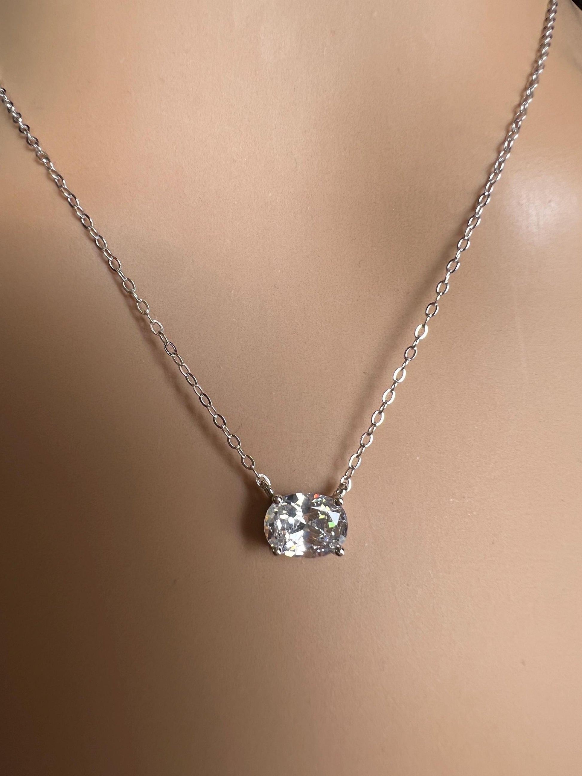 Cubic zirconia CZ Diamond 925 Sterling silver oval Solitaire minimalist necklace. 3 in 1 size 16” , 17”,18” simple elegant gift 925 stamped