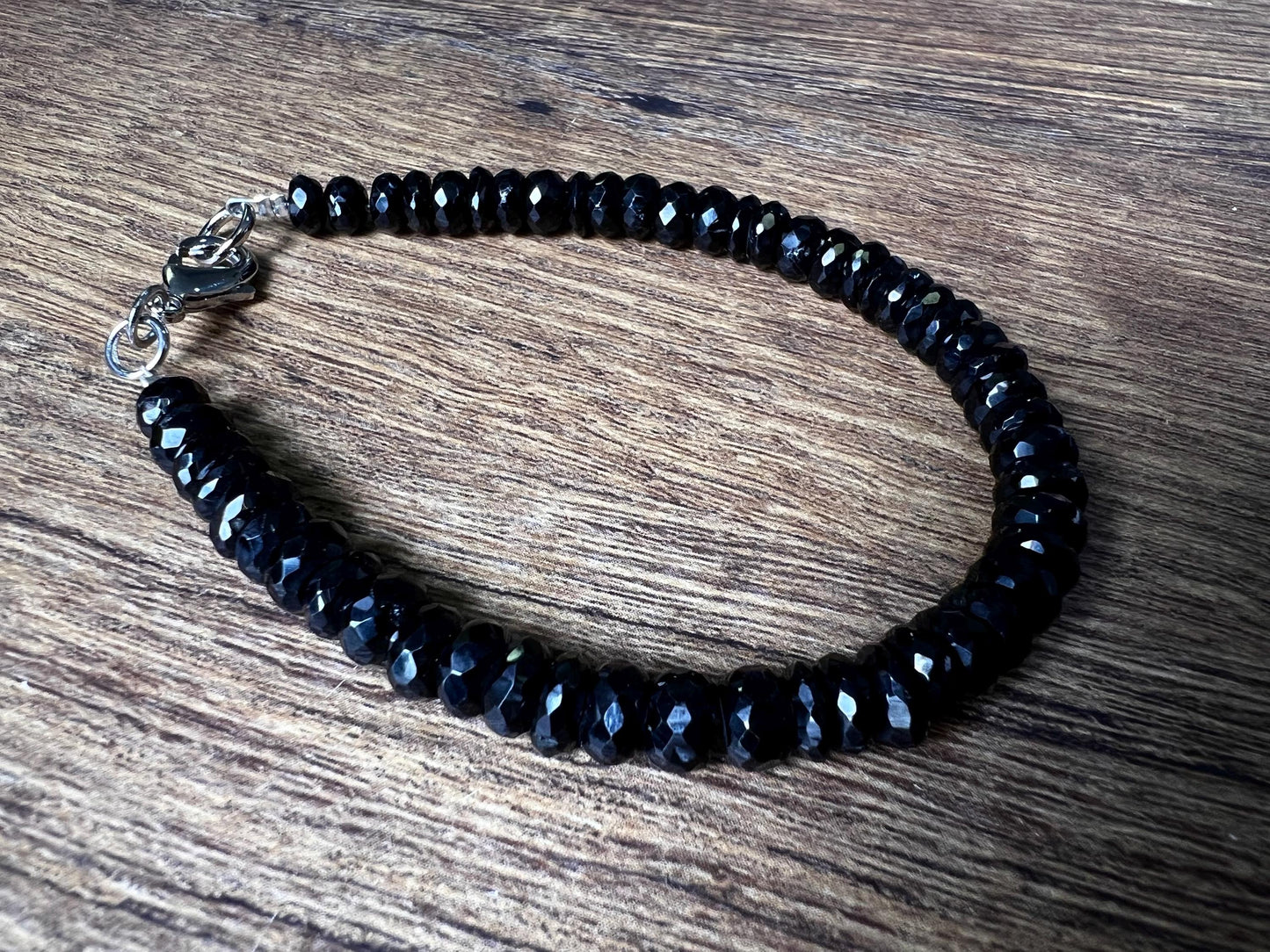 Natural Black Spinel 6-7mm Micro Faceted Diamond Cut Rhodium Silver handmade Bracelet. Heavy weight. Chakra for Man and woman