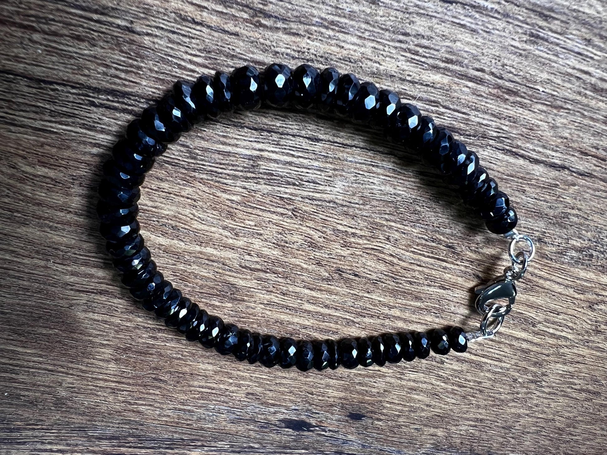 Natural Black Spinel 6-7mm Micro Faceted Diamond Cut Rhodium Silver handmade Bracelet. Heavy weight. Chakra for Man and woman