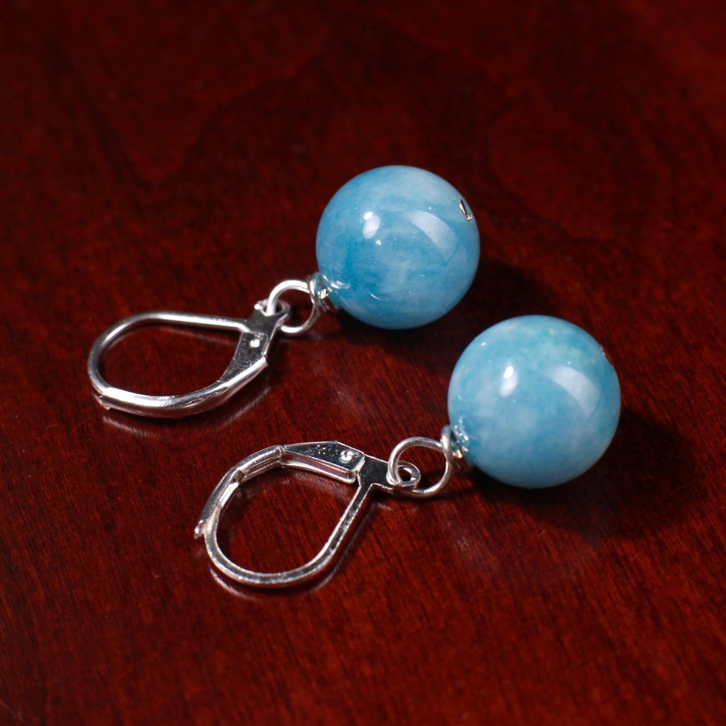Aquamarine Milky 12mm round handmade Leverback Earrings in Silver, Gold Victorian style elegant minimalist Earrings gift December Birthstone