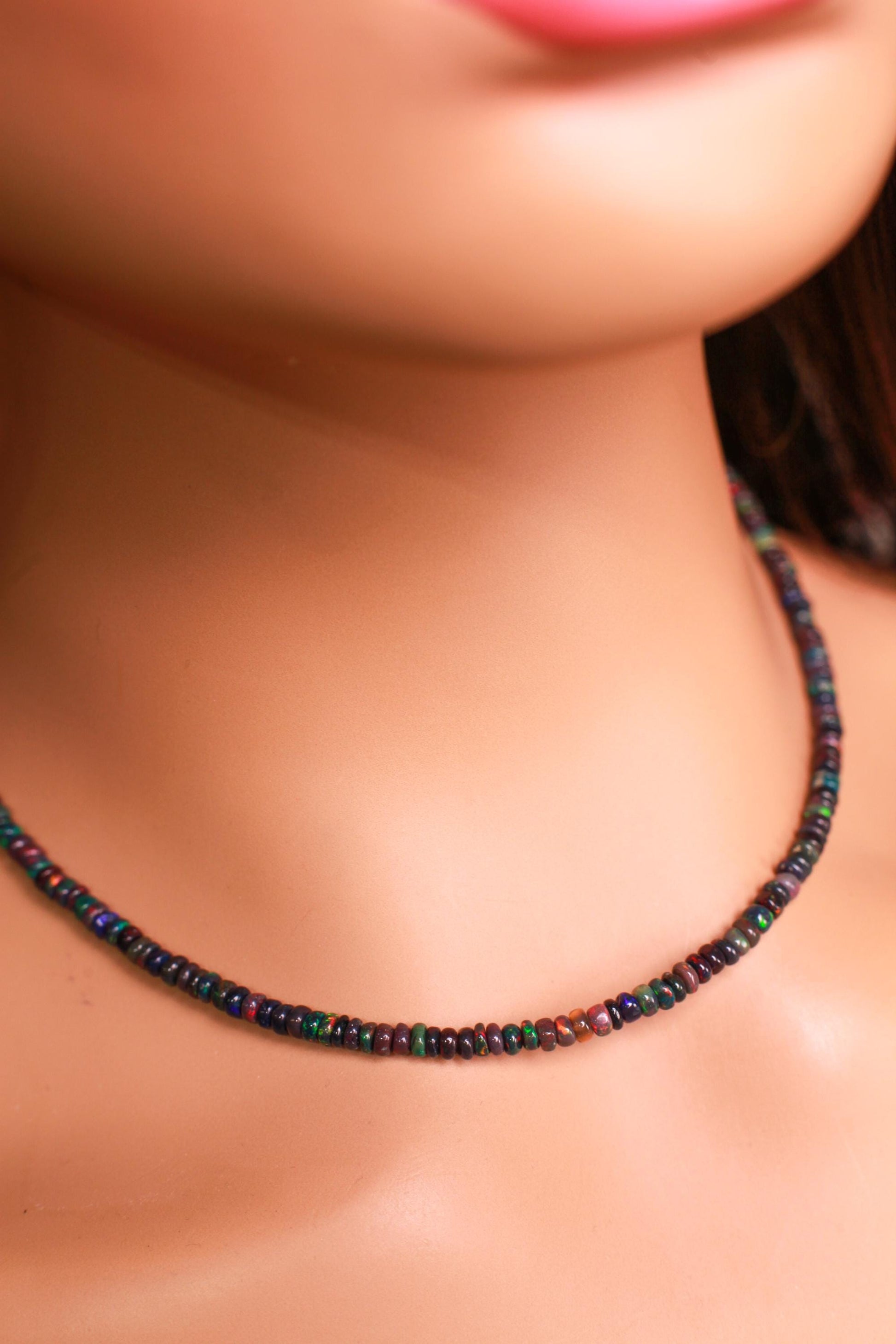 Genuine Ethiopian black Fire Opal, Welo Opal 3.5mm smooth roundel Gold clasp necklace. Elegant gift