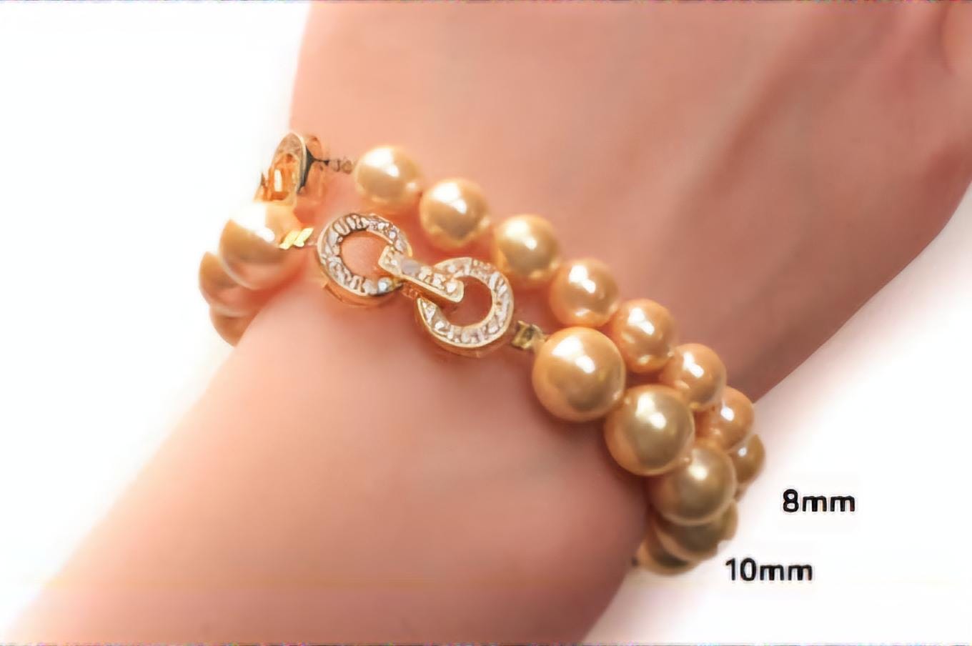 Golden Yellow South Sea Shell Pearl 8mm,10mm Bracelet Fancy CZ Diamond Gold Vermeil Foldable Clasp, Bridal, for Her, Each sold separately