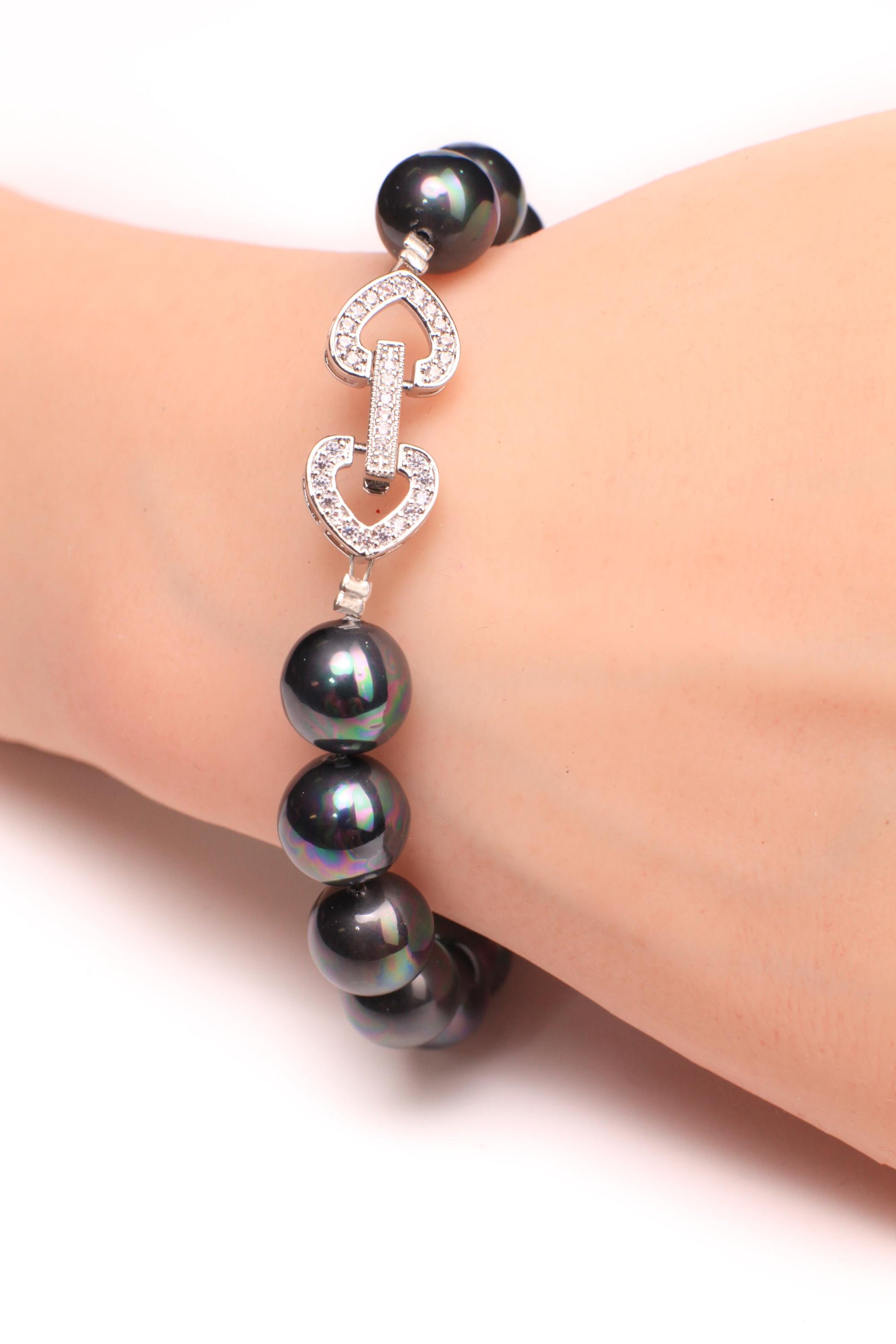 Black Peacock AB Sea Shell Mother of Pearl 10mm Bracelet Fancy Heart CZ Diamond Silver Foldable Clasp, Bridal, for Her