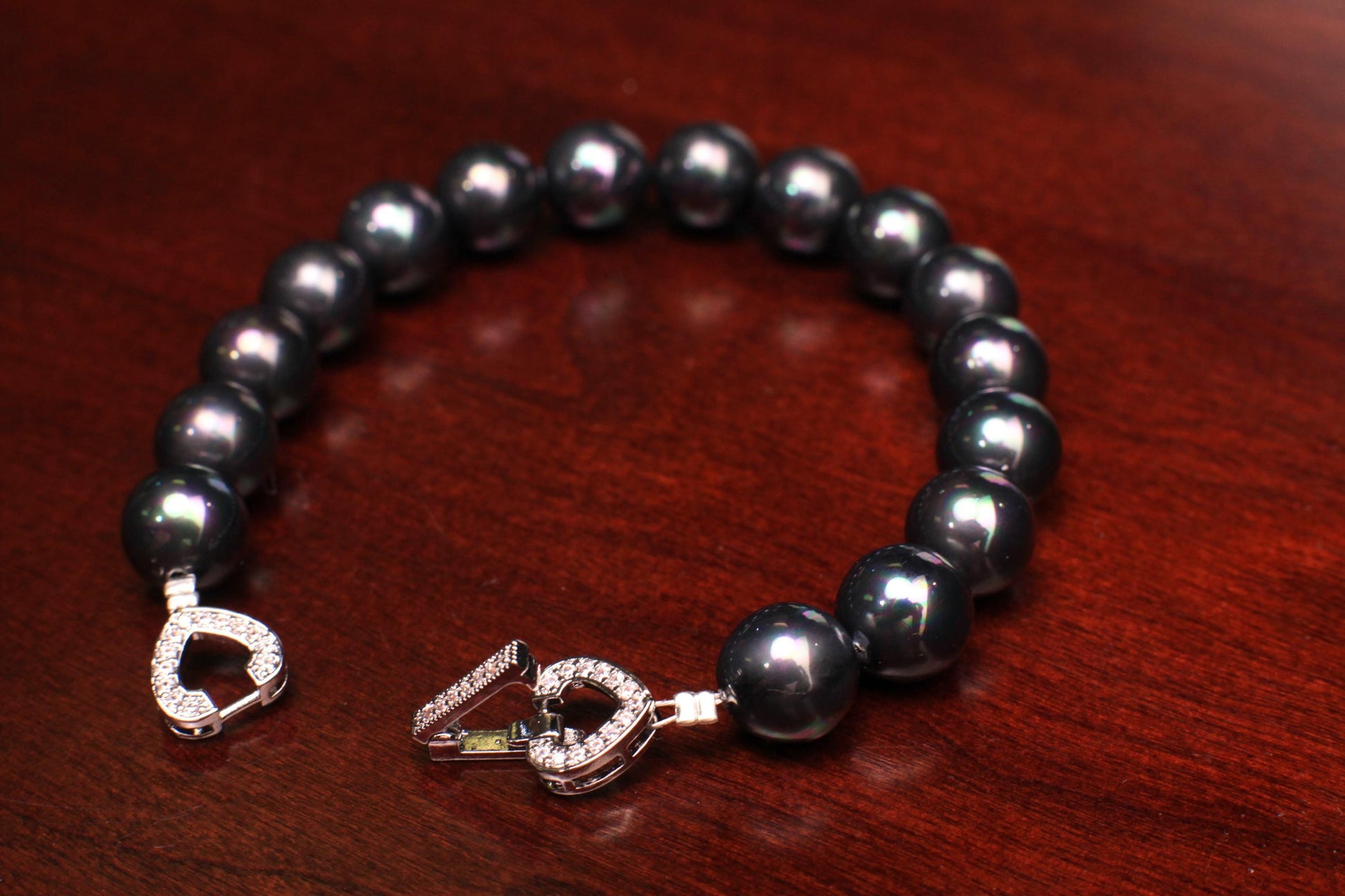 Black pearl Bracelet. South seashell 10mm black peacock pearl Fancy Heart CZ Diamond Foldable Clasp bracelet Bridal, gift for Her