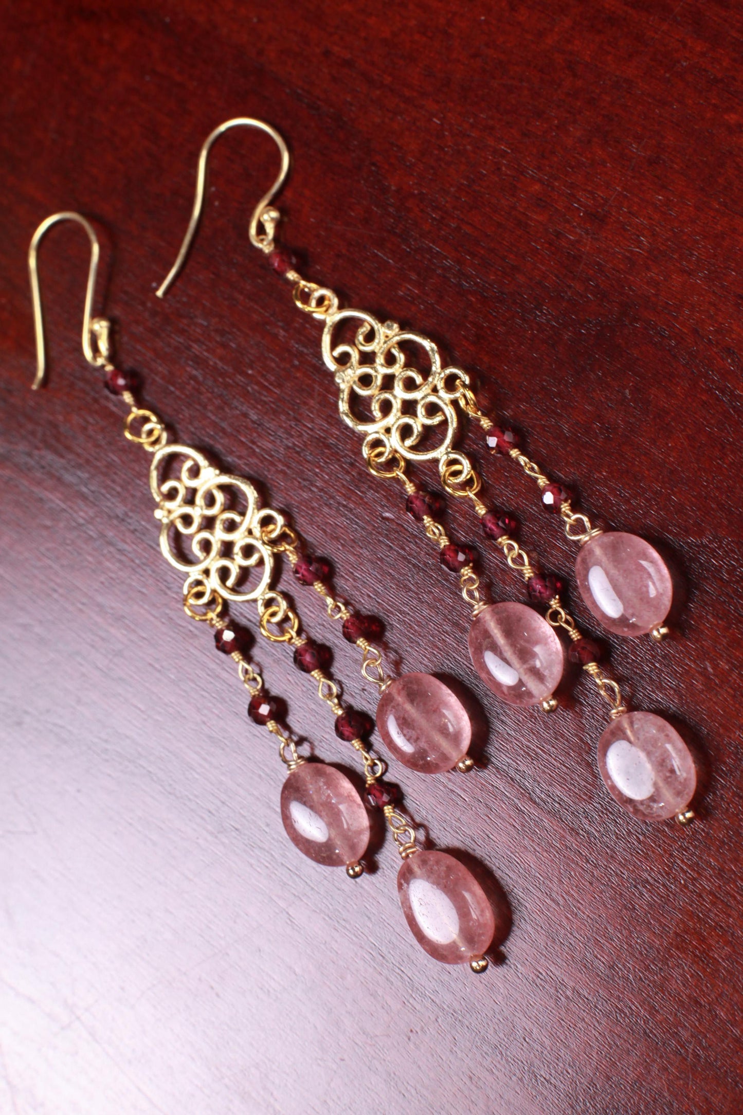 Natural Strawberry Quartz Chandelier Earrings,Faceted Garnet Wire wrapped Gold Vermeil earwire, Gold Over Sterling Silver Earrings