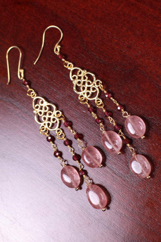 Natural Strawberry Quartz Chandelier Earrings,Faceted Garnet Wire wrapped Gold Vermeil earwire, Gold Over Sterling Silver Earrings