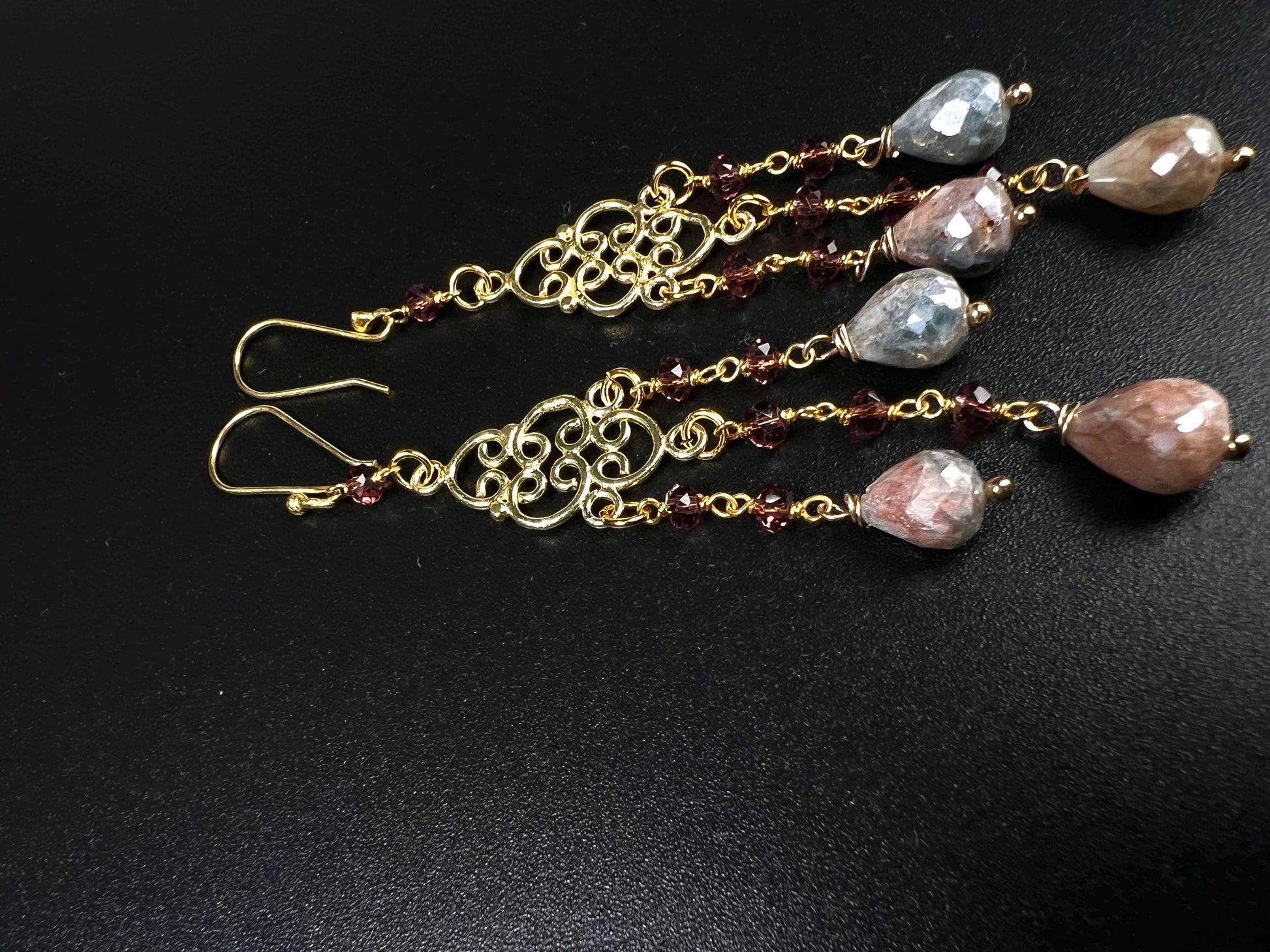 Natural Garnet Multi Peach Moonstone Briolette Drop Chandelier Earrings, Faceted Garnet Wire wrapped 22K Gold Vermeil Earring