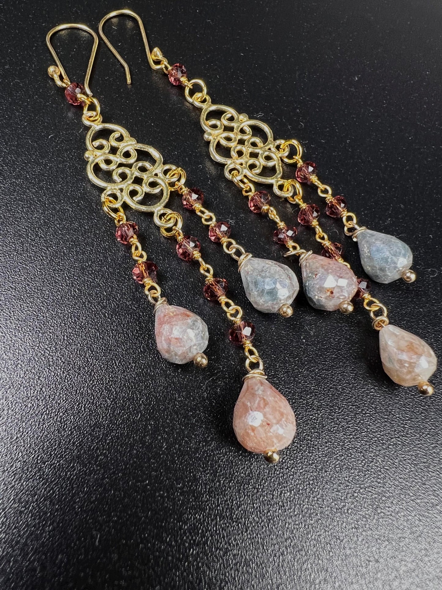 Natural Garnet Multi Peach Moonstone Briolette Drop Chandelier Earrings, Faceted Garnet Wire wrapped 22K Gold Vermeil Earring