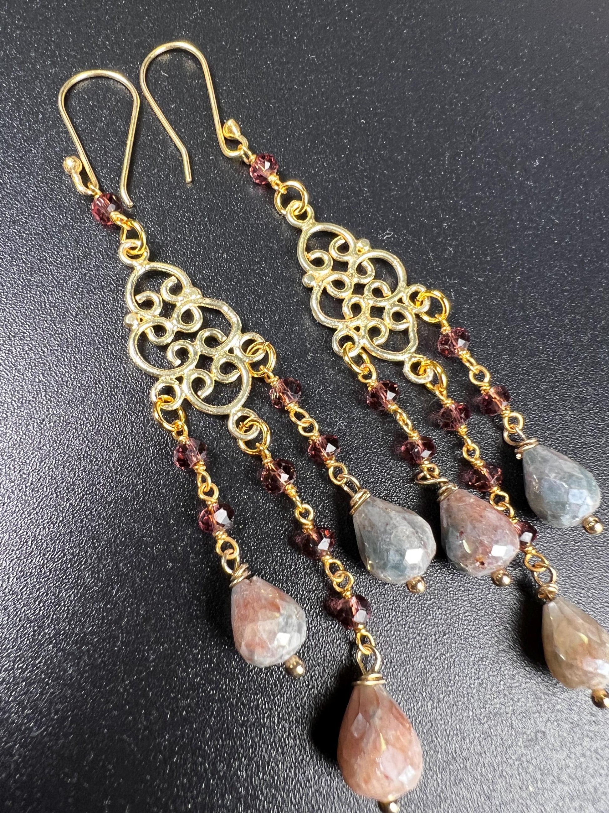 Natural Garnet Multi Peach Moonstone Briolette Drop Chandelier Earrings, Faceted Garnet Wire wrapped 22K Gold Vermeil Earring