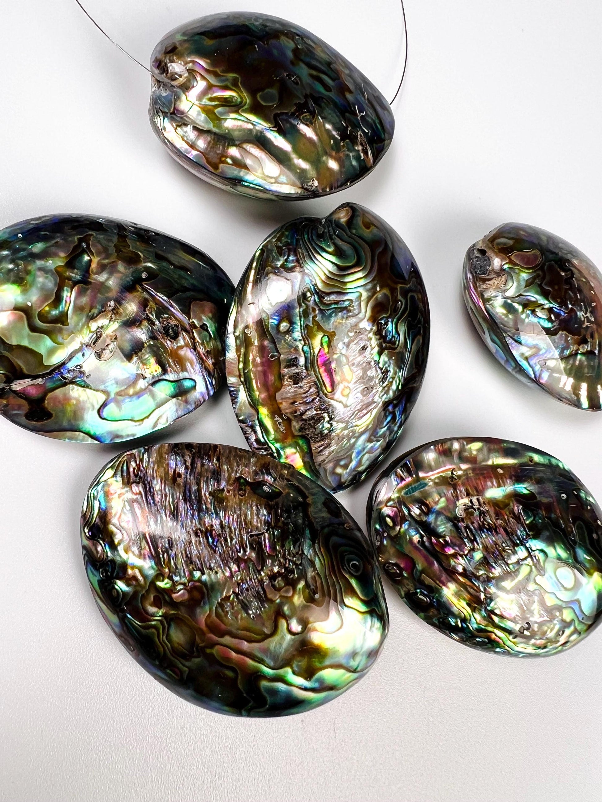 Natural Abalone Paua Shell puff oval 42x52mm double sided huge Vintage piece pocket stone jewelry center piece. Healing ocean energy