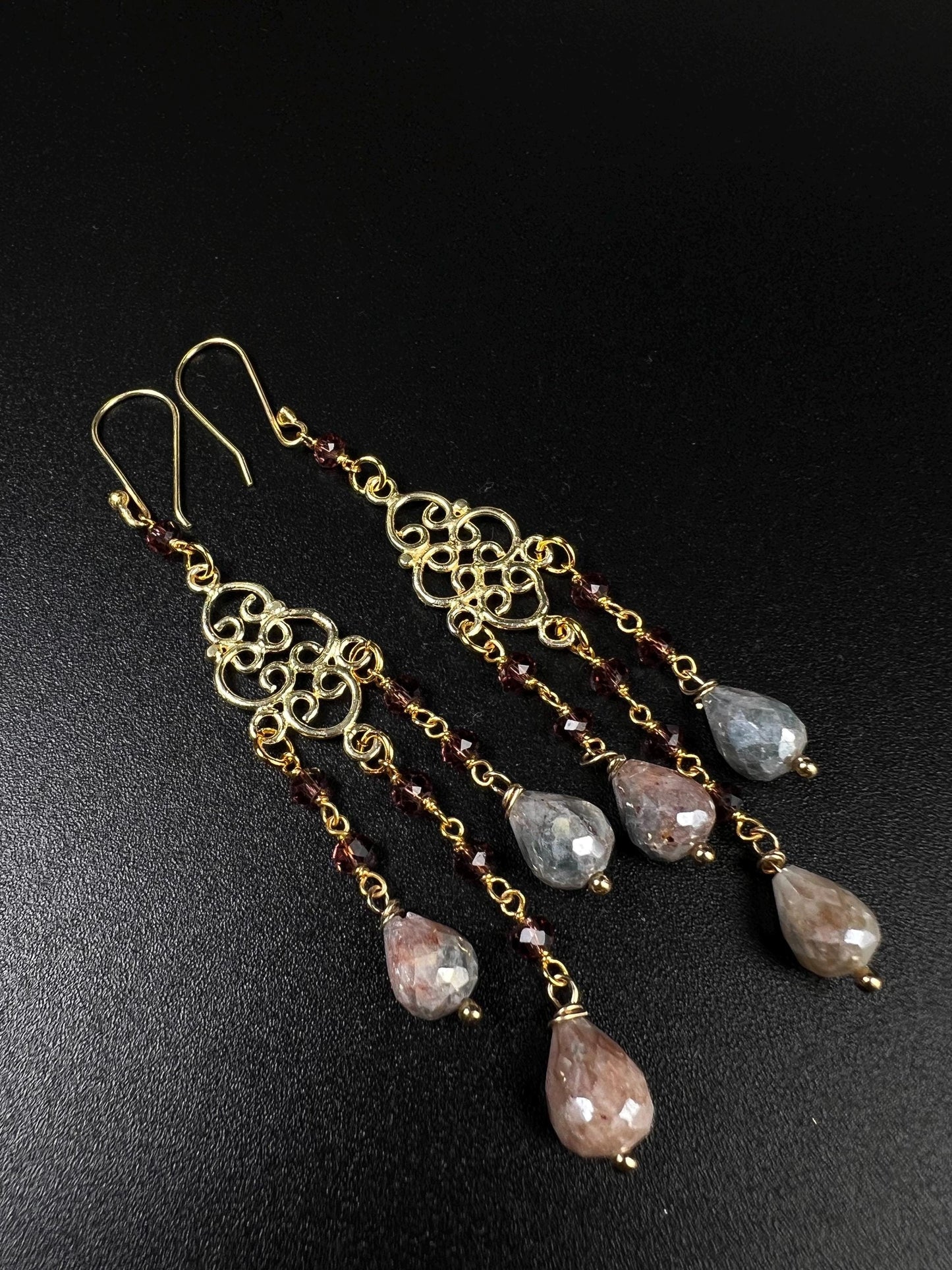 Natural Garnet Multi Peach Moonstone Briolette Drop Chandelier Earrings, Faceted Garnet Wire wrapped 22K Gold Vermeil Earring