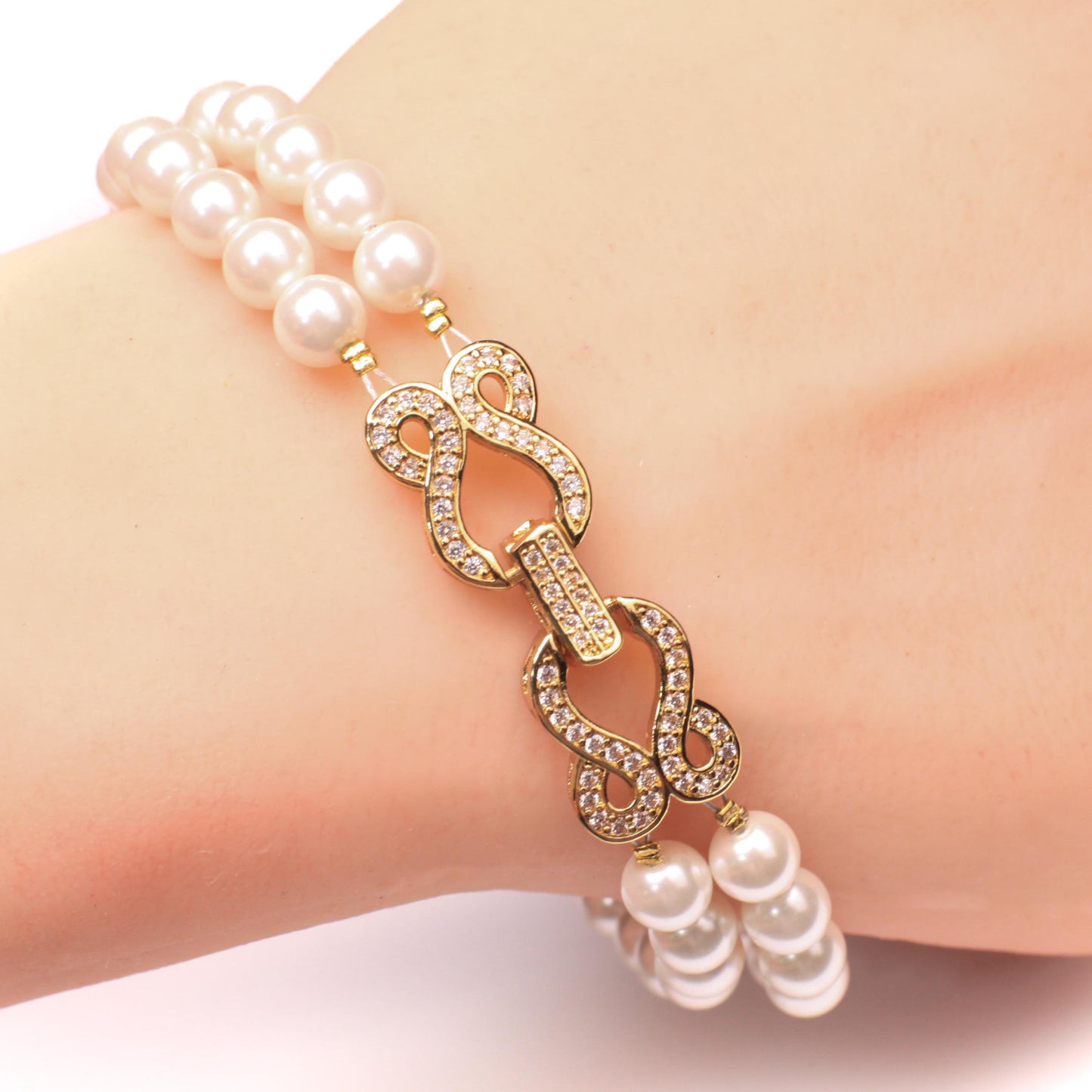 White South Sea Shell Mother of Pearl 6mm 2 Line Bracelet in Fancy Heart CZ Diamond Gold Vermeil Foldable Clasp, Bridal, Gift for Her