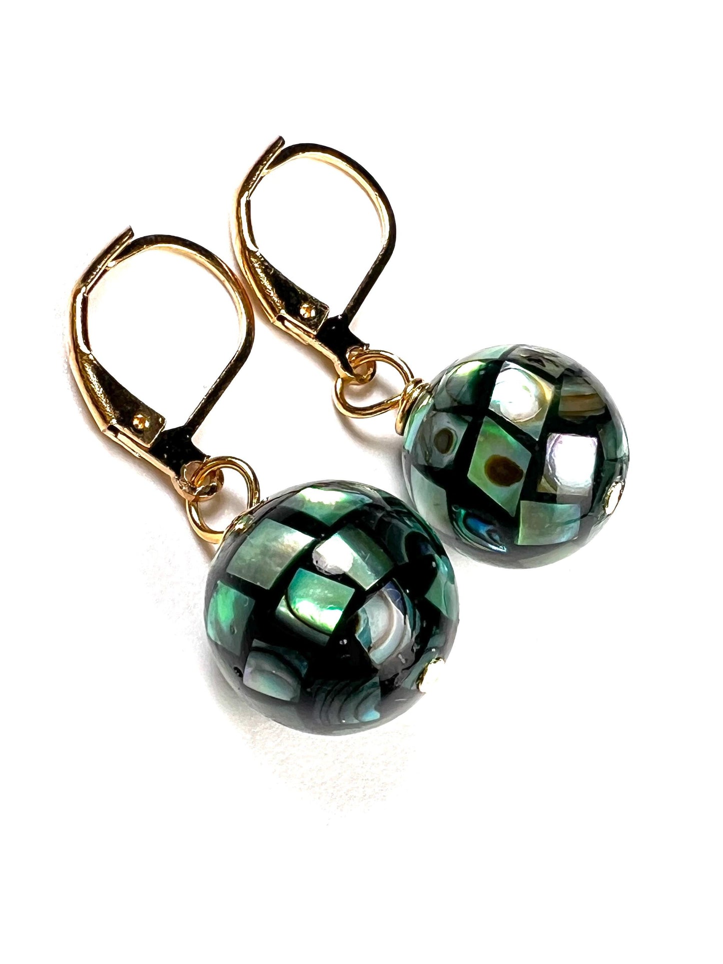 Natural Abalone Pua Shell Mosaic Disco Ball 12.5mm Round Earrings 925 Sterling silver gold,Blue green rainbow handmade Gift for Her