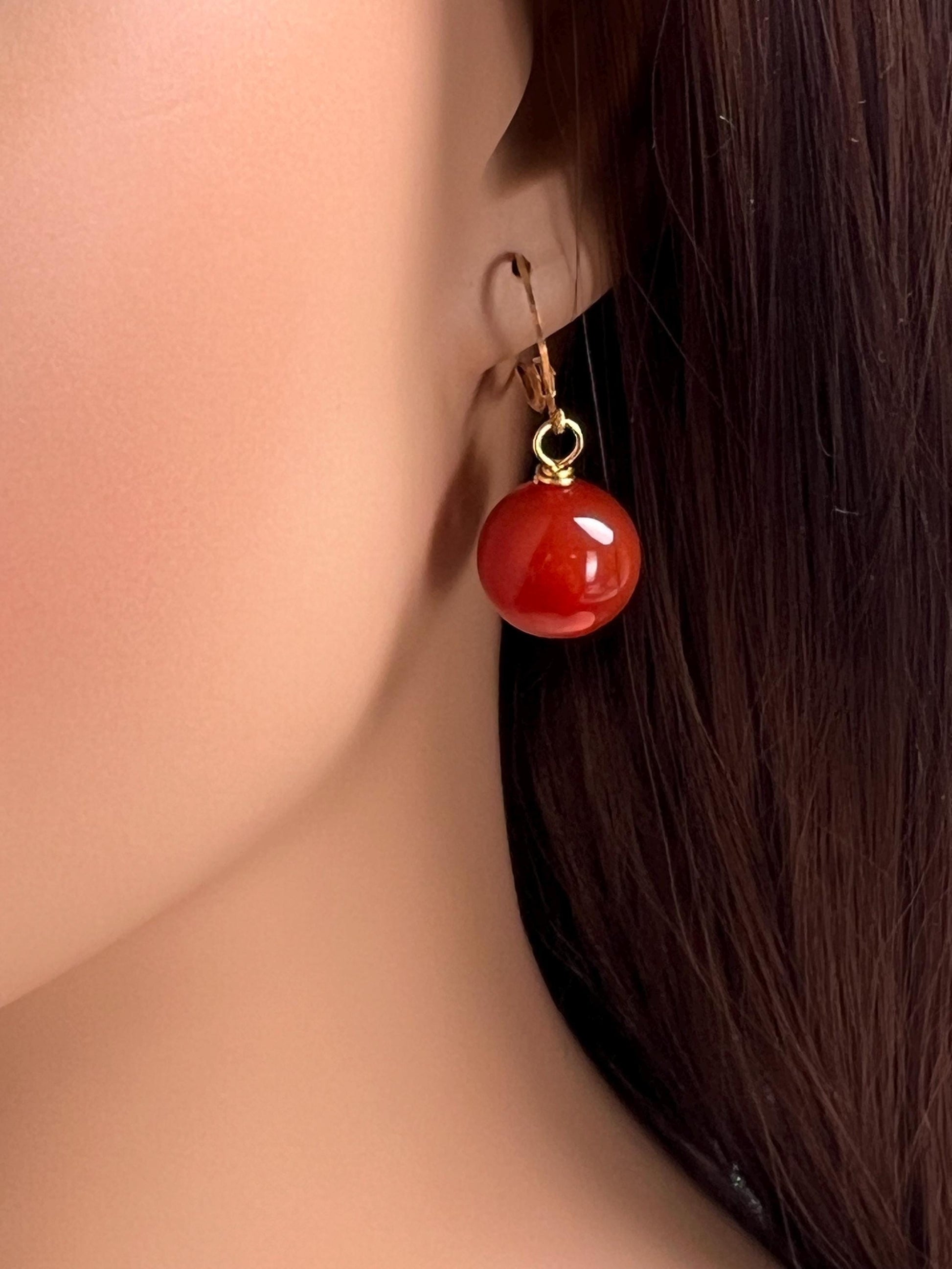 Natural Carnelian Red 14mm large smooth round gold leverback earring, minimalist simple handmade gift